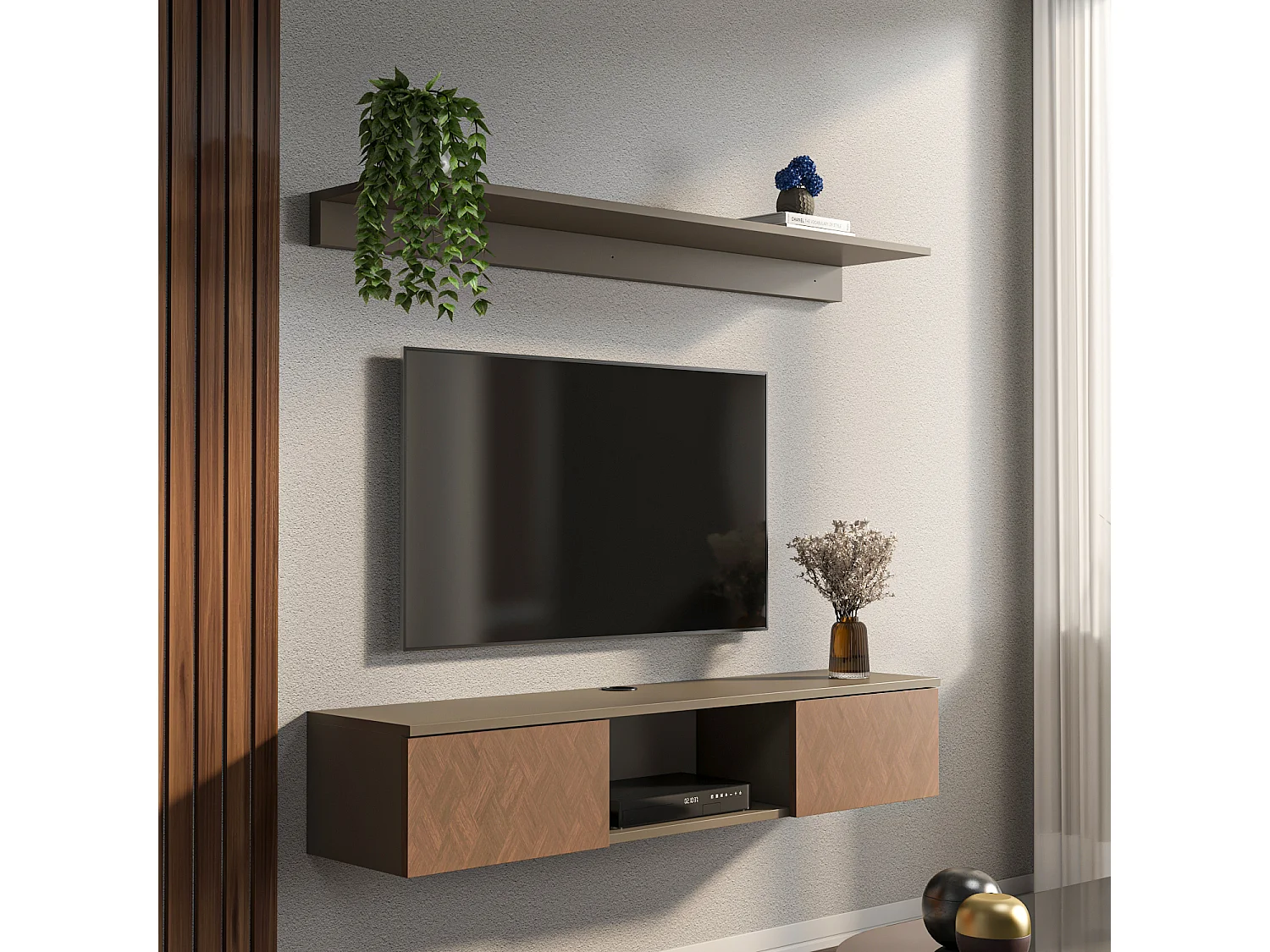 Meuble tv mural Elia flottant 140 cm - armoires - passe-cable - étagère murale incluse (Effet Galaxy et Vintage)