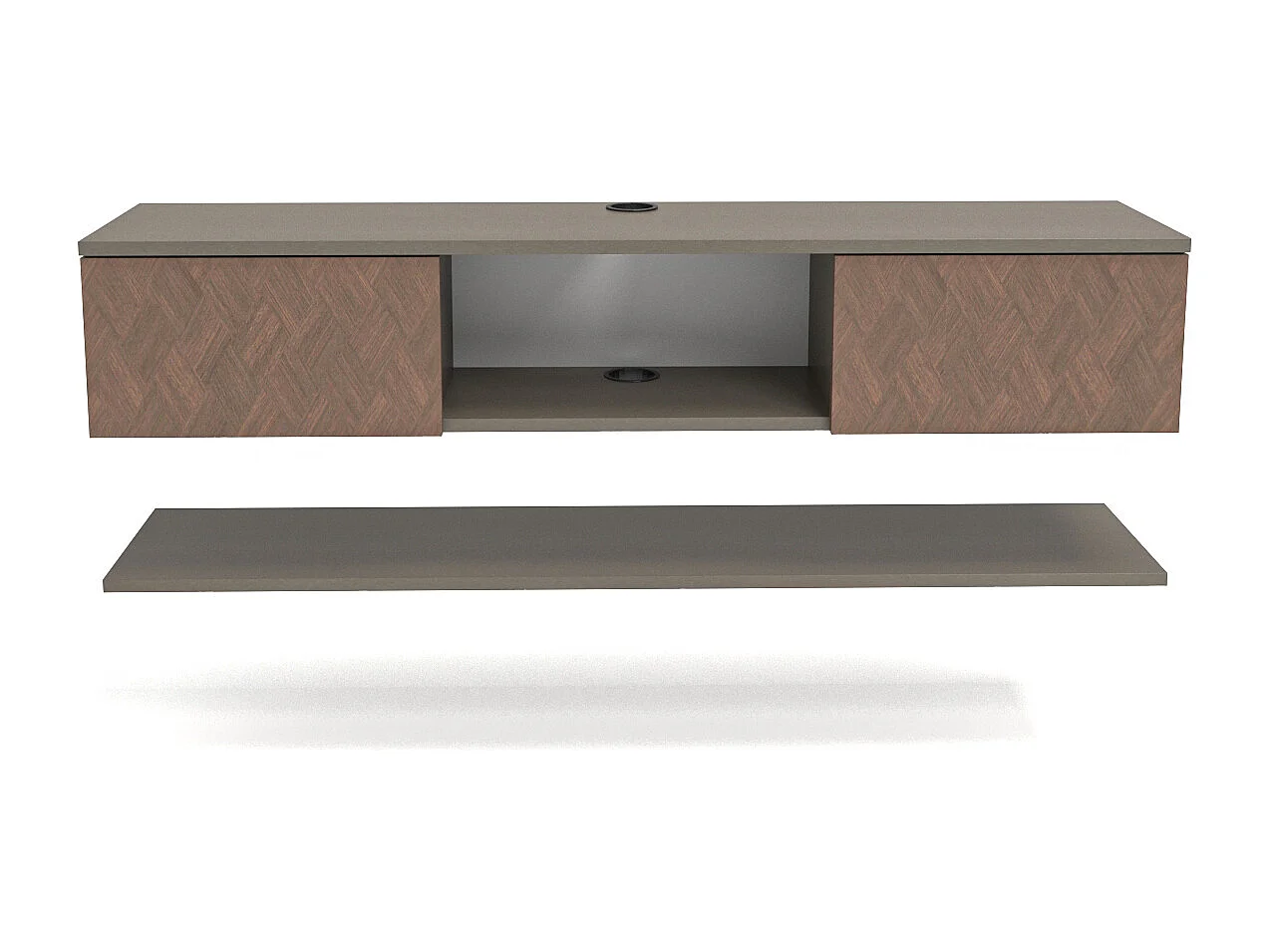 Meuble tv mural Elia flottant 140 cm - armoires - passe-cable - étagère murale incluse (Effet Galaxy et Vintage)