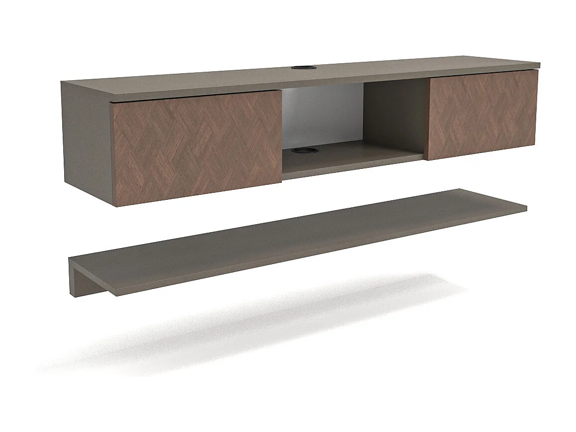 Meuble tv mural Elia flottant 140 cm - armoires - passe-cable - étagère murale incluse (Effet Galaxy et Vintage)