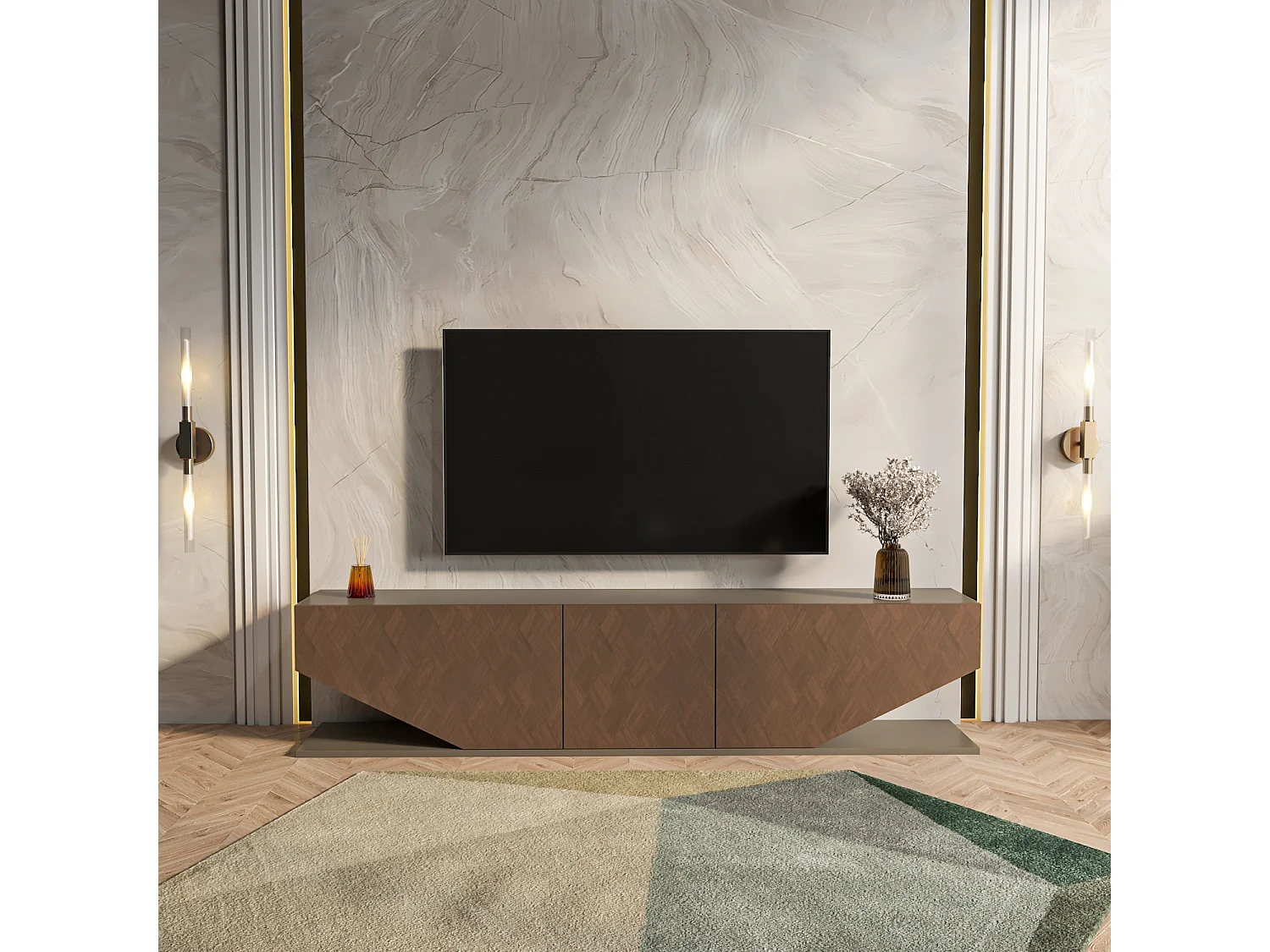 Meuble TV Pearl de 180 cm avec des armoires en style ailes (Effet Galaxy et Vintage)