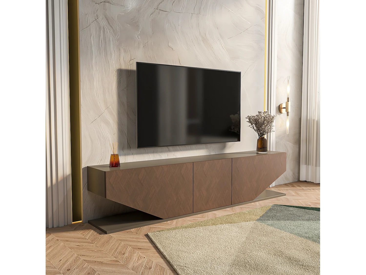 Meuble TV Pearl de 180 cm avec des armoires en style ailes (Effet Galaxy et Vintage)