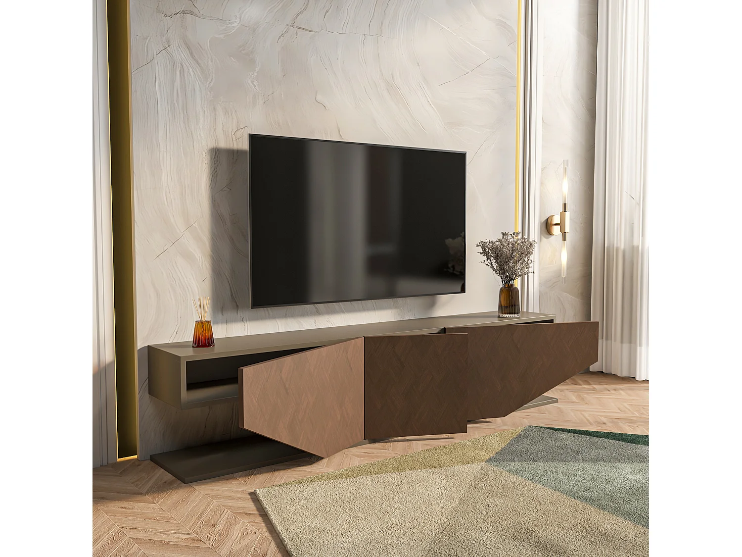 Meuble TV Pearl de 180 cm avec des armoires en style ailes (Effet Galaxy et Vintage)