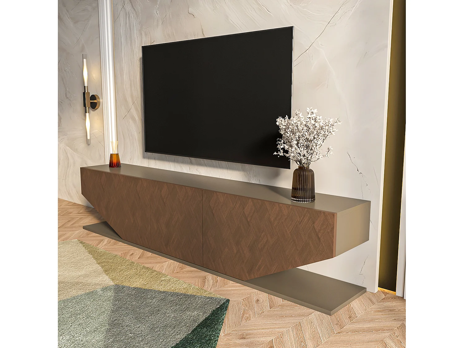 Meuble TV Pearl de 180 cm avec des armoires en style ailes (Effet Galaxy et Vintage)