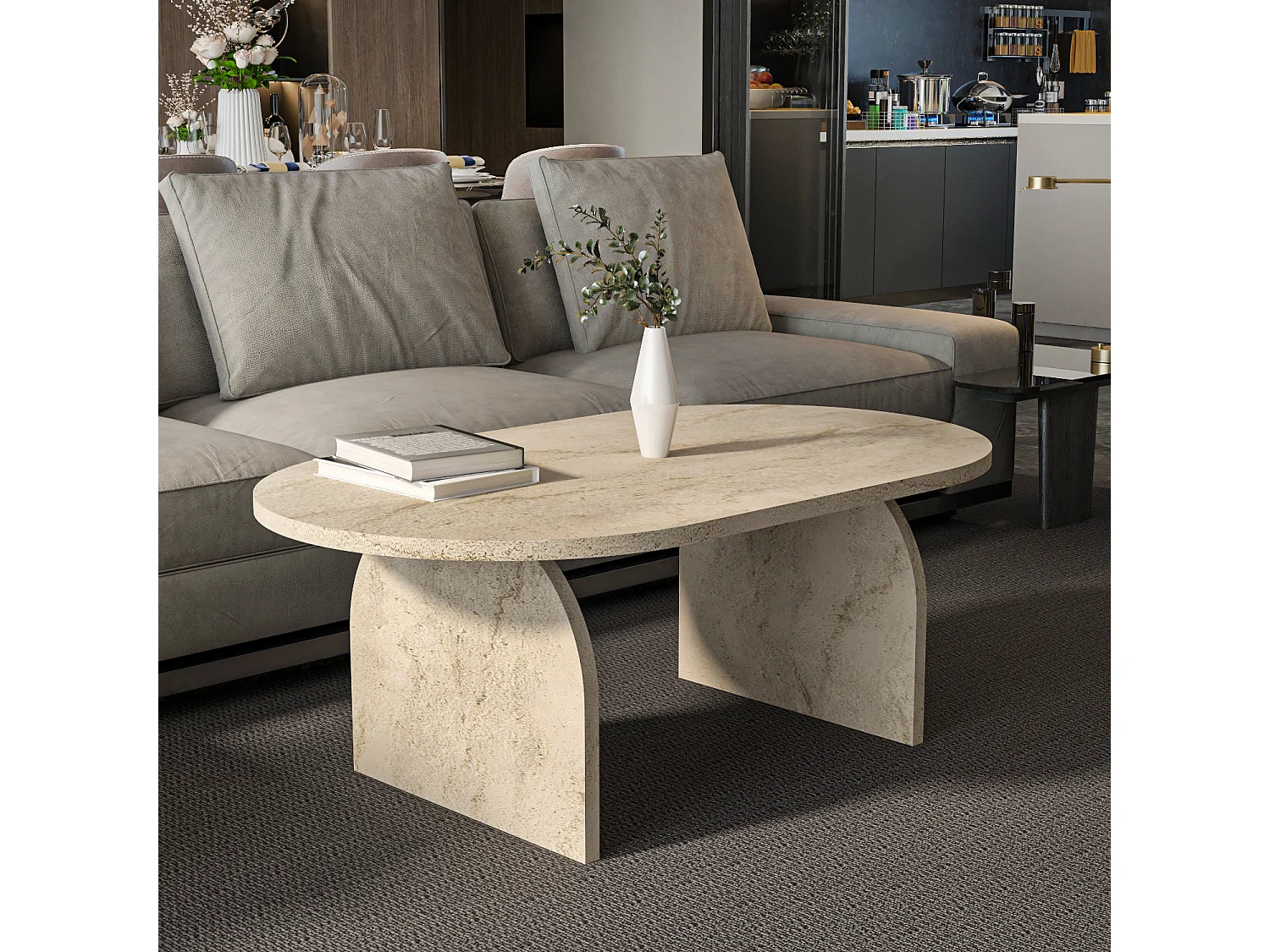 Mono Table Basse Ovale - 120 cm x 60 cm (Travertine)
