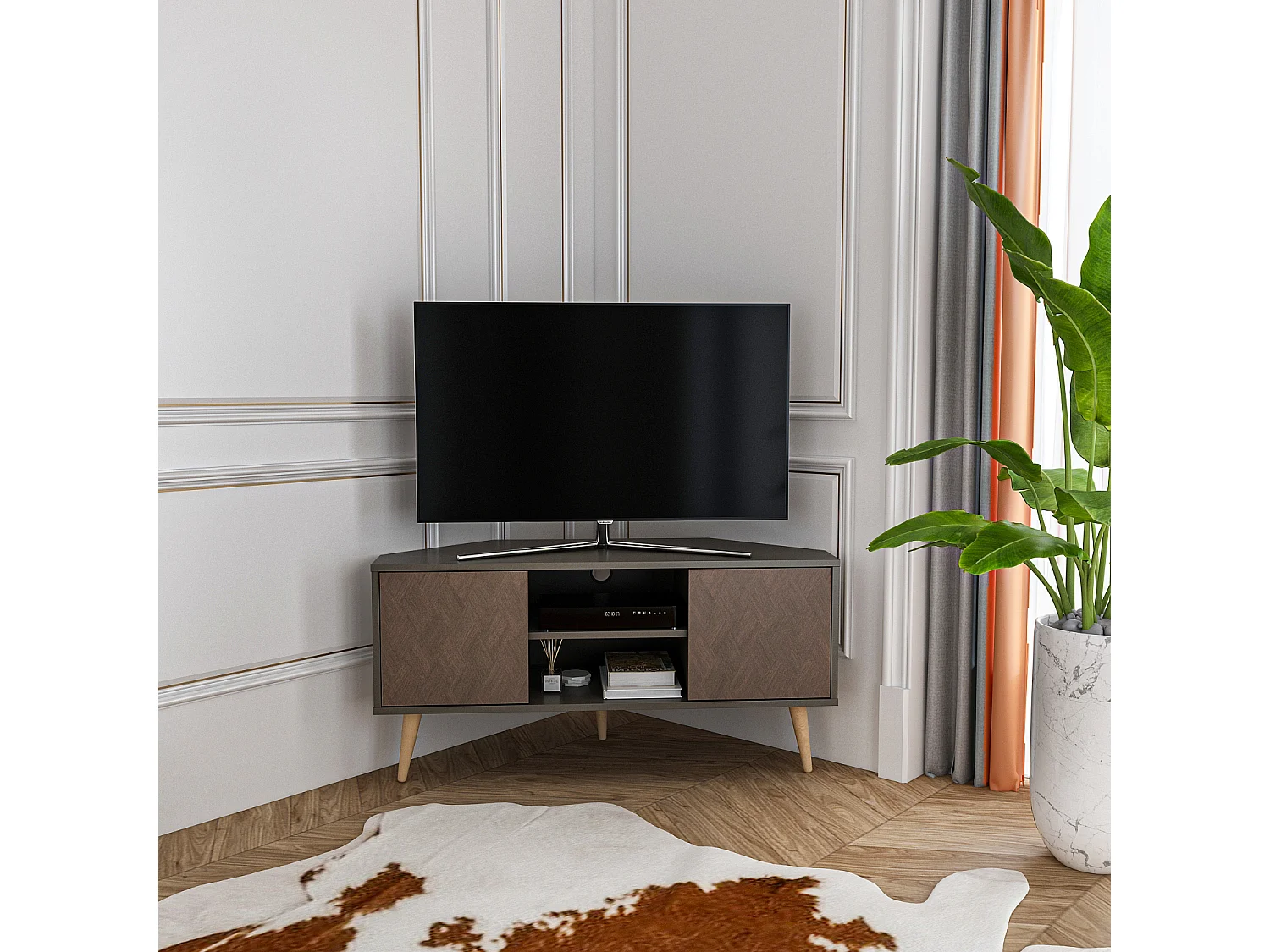 Meuble tv d'angle Lesson 120 cm 2 armoires et étagères ouvertes (Effet Galaxy et Vintage)