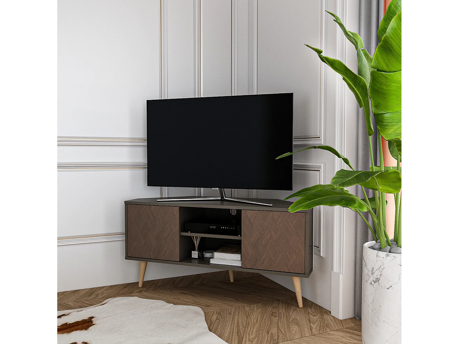 Meuble tv d'angle Lesson 120 cm 2 armoires et étagères ouvertes (Effet Galaxy et Vintage)