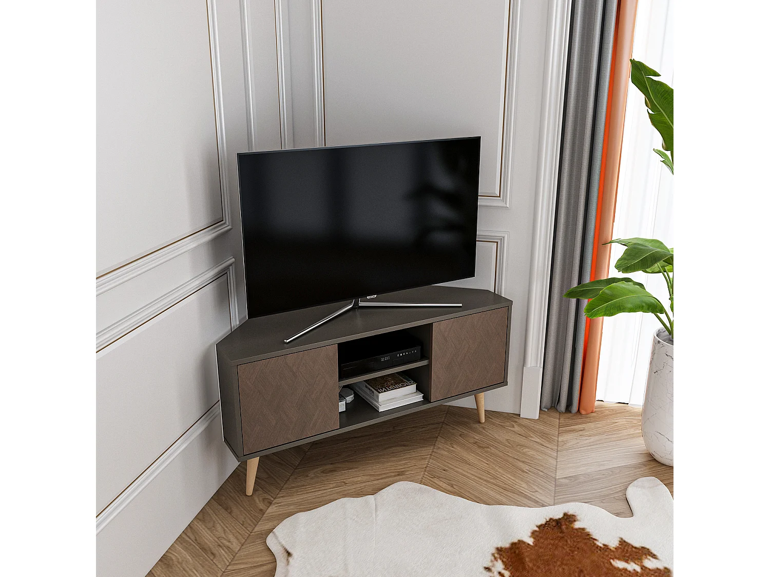 Meuble tv d'angle Lesson 120 cm 2 armoires et étagères ouvertes (Effet Galaxy et Vintage)