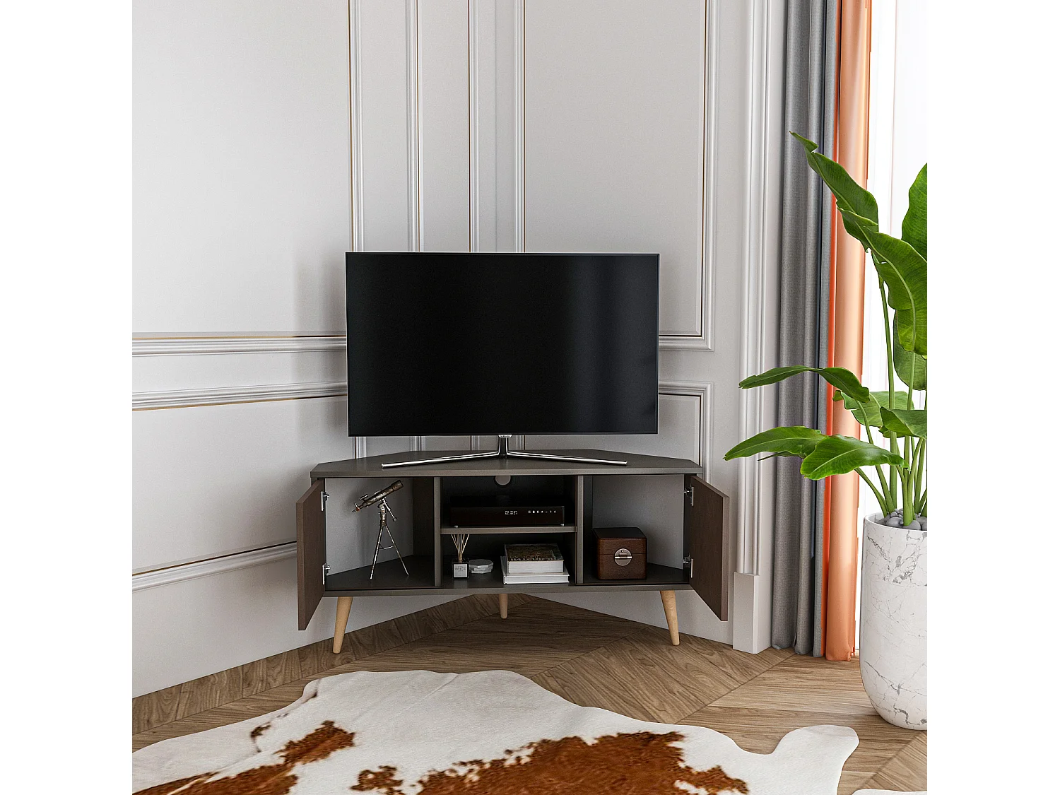 Meuble tv d'angle Lesson 120 cm 2 armoires et étagères ouvertes (Effet Galaxy et Vintage)