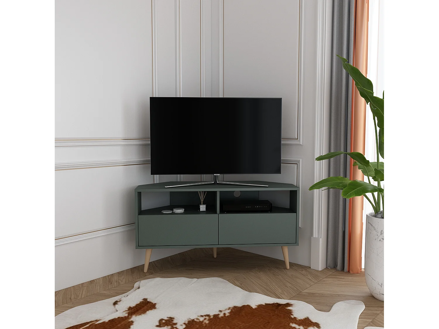 Aura Meuble TV d'angle 120 cm Armoires et Niches avec Pieds en Bois (Silva Vert)