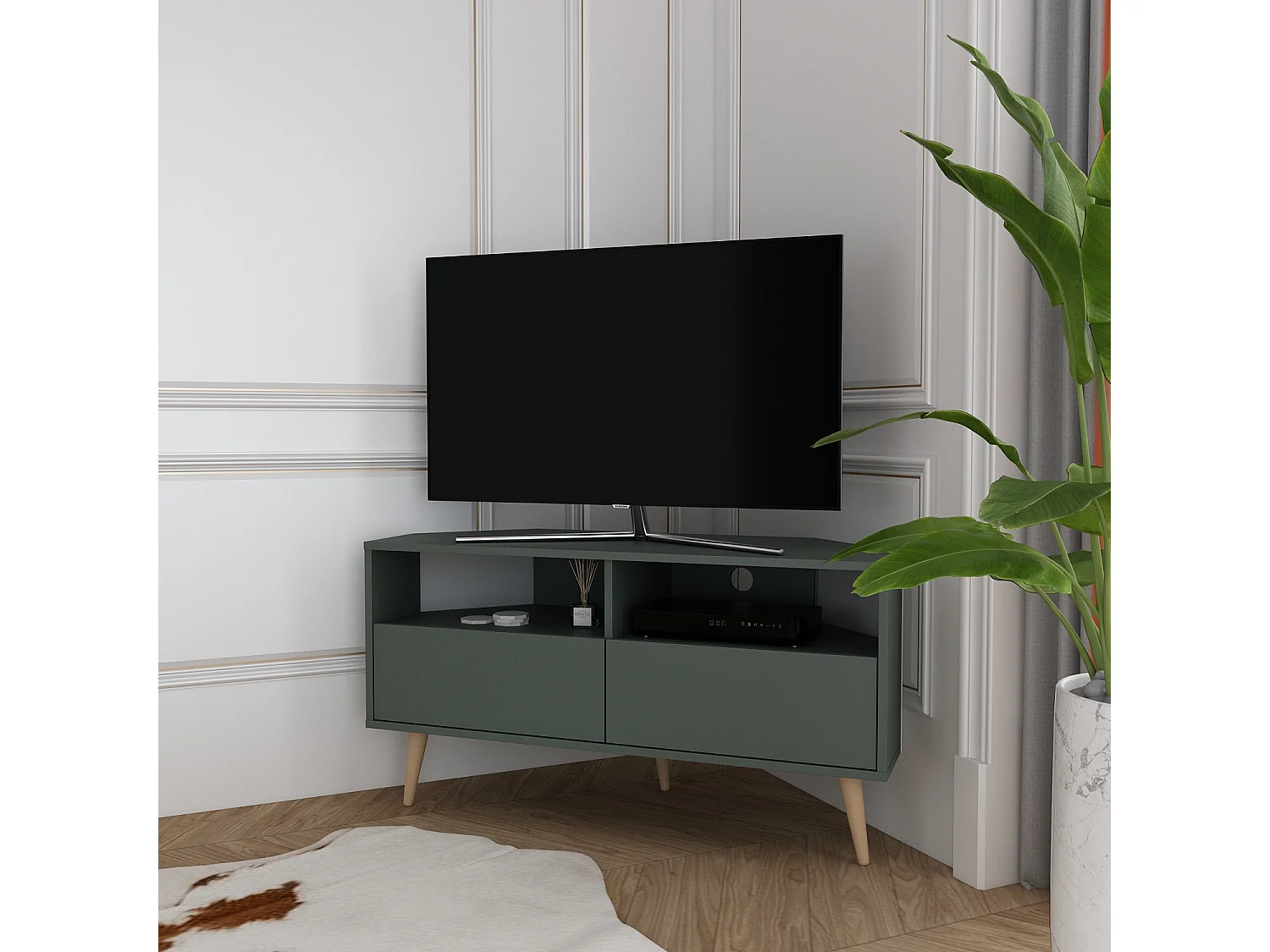 Aura Meuble TV d'angle 120 cm Armoires et Niches avec Pieds en Bois (Silva Vert)