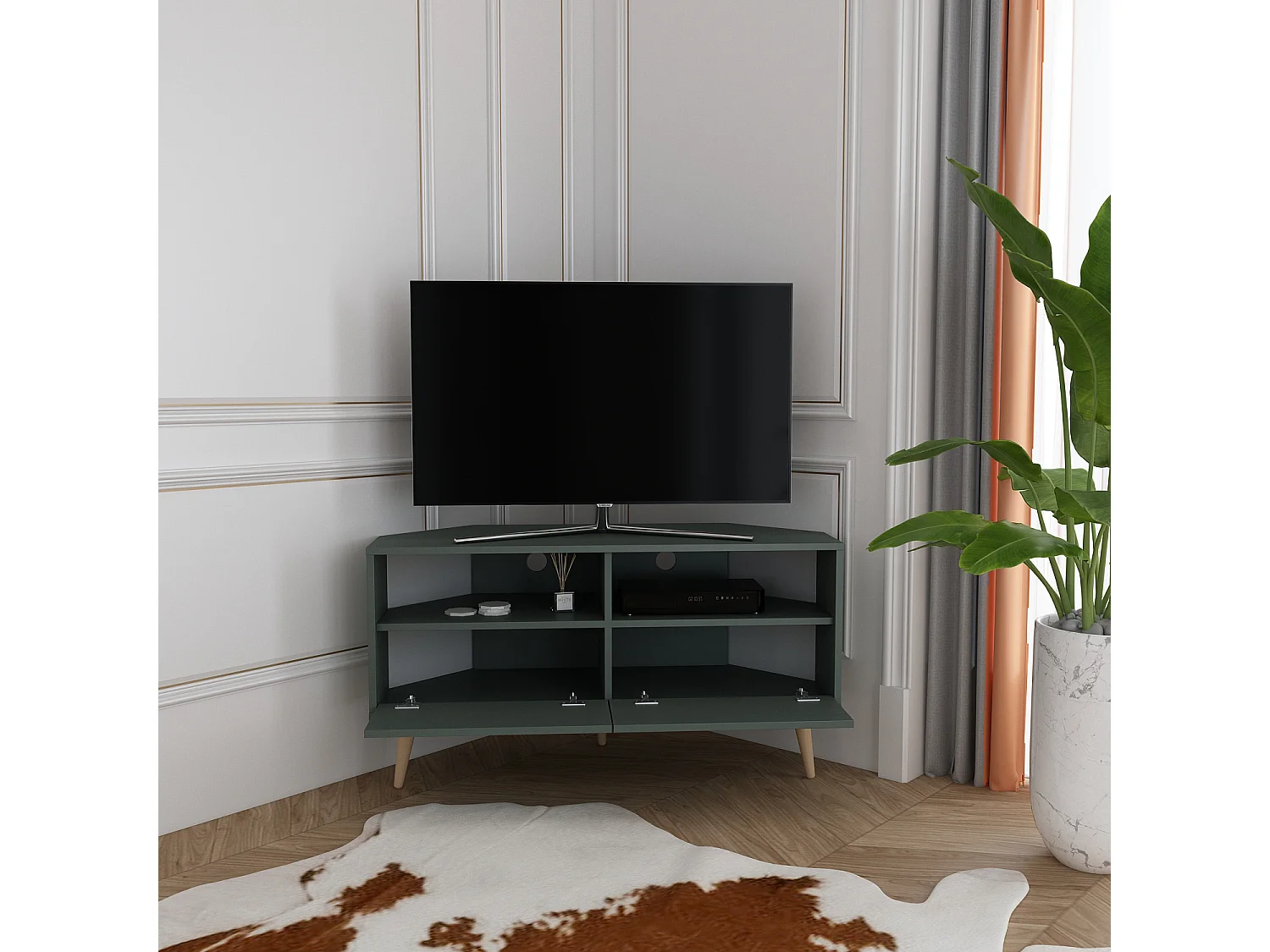 Aura Meuble TV d'angle 120 cm Armoires et Niches avec Pieds en Bois (Silva Vert)