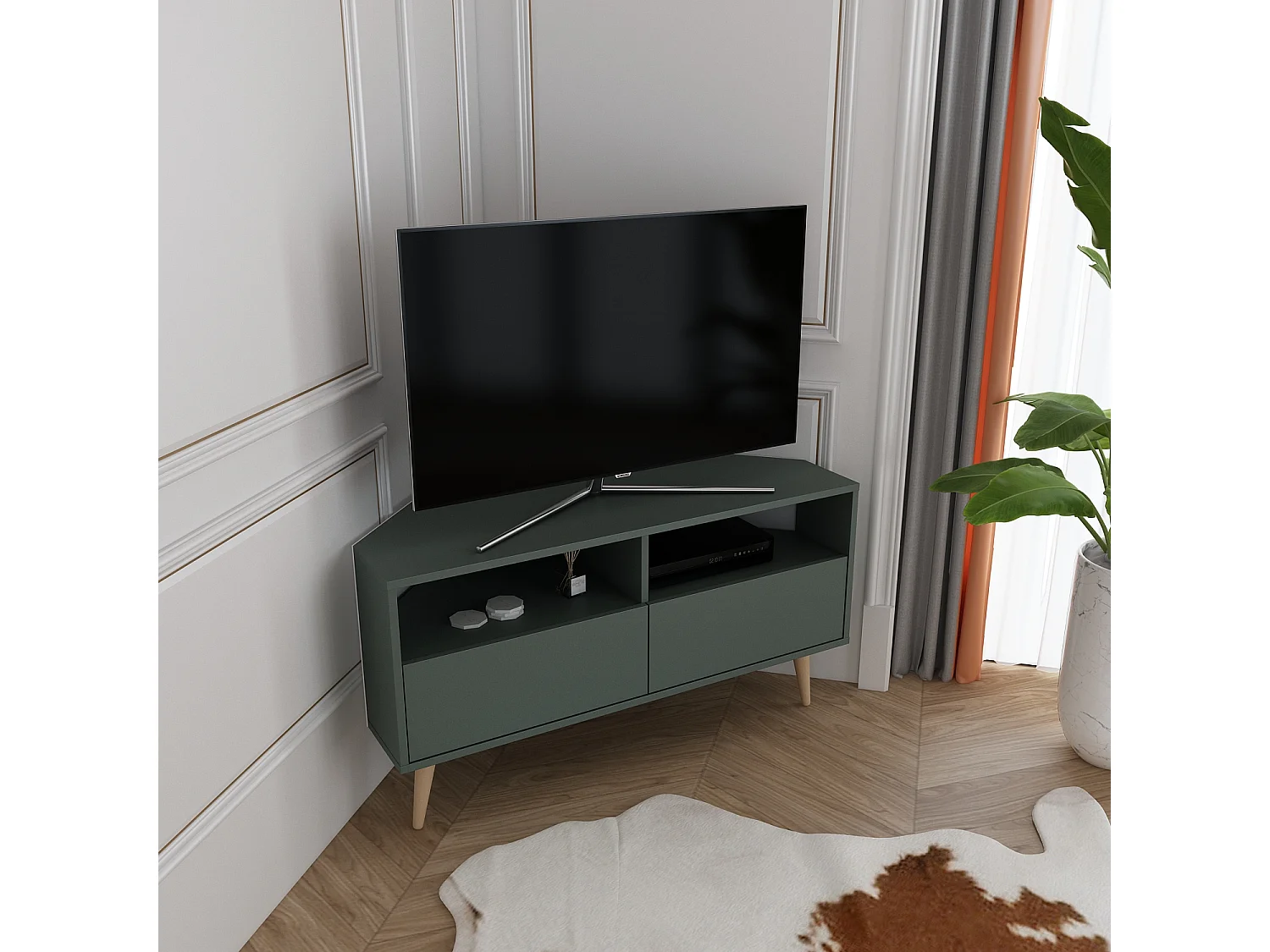 Aura Meuble TV d'angle 120 cm Armoires et Niches avec Pieds en Bois (Silva Vert)
