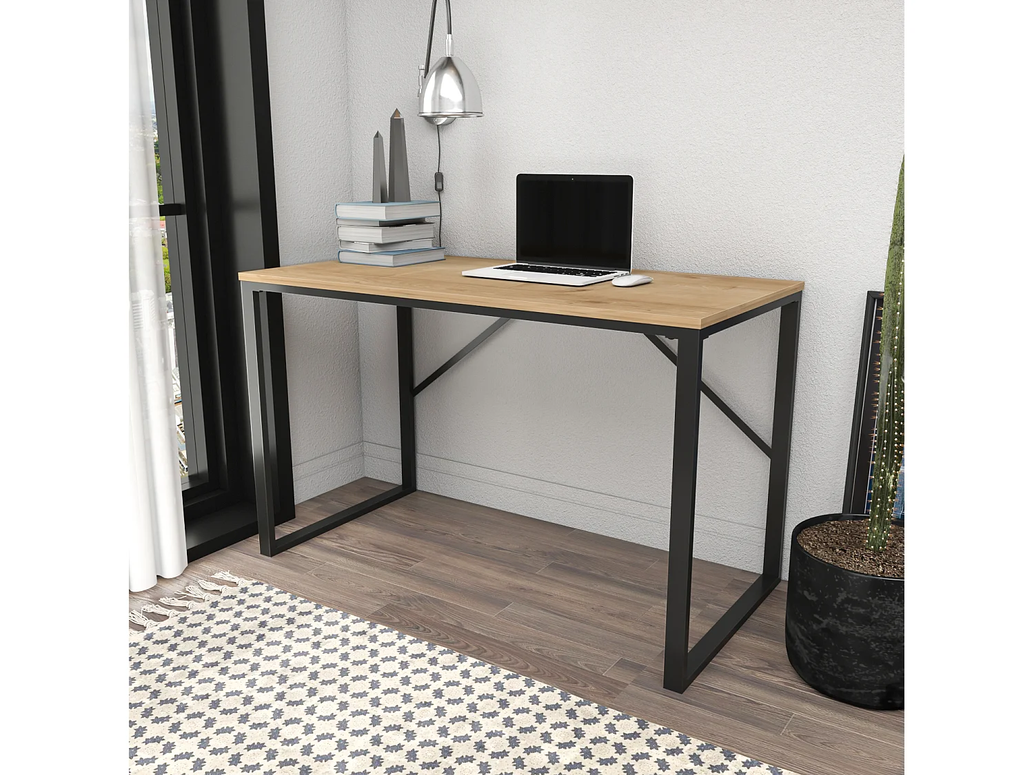 Layton Bureau 120 cm x 74 cm x 60 cm - Cadre Métallique (Noir et Chêne)