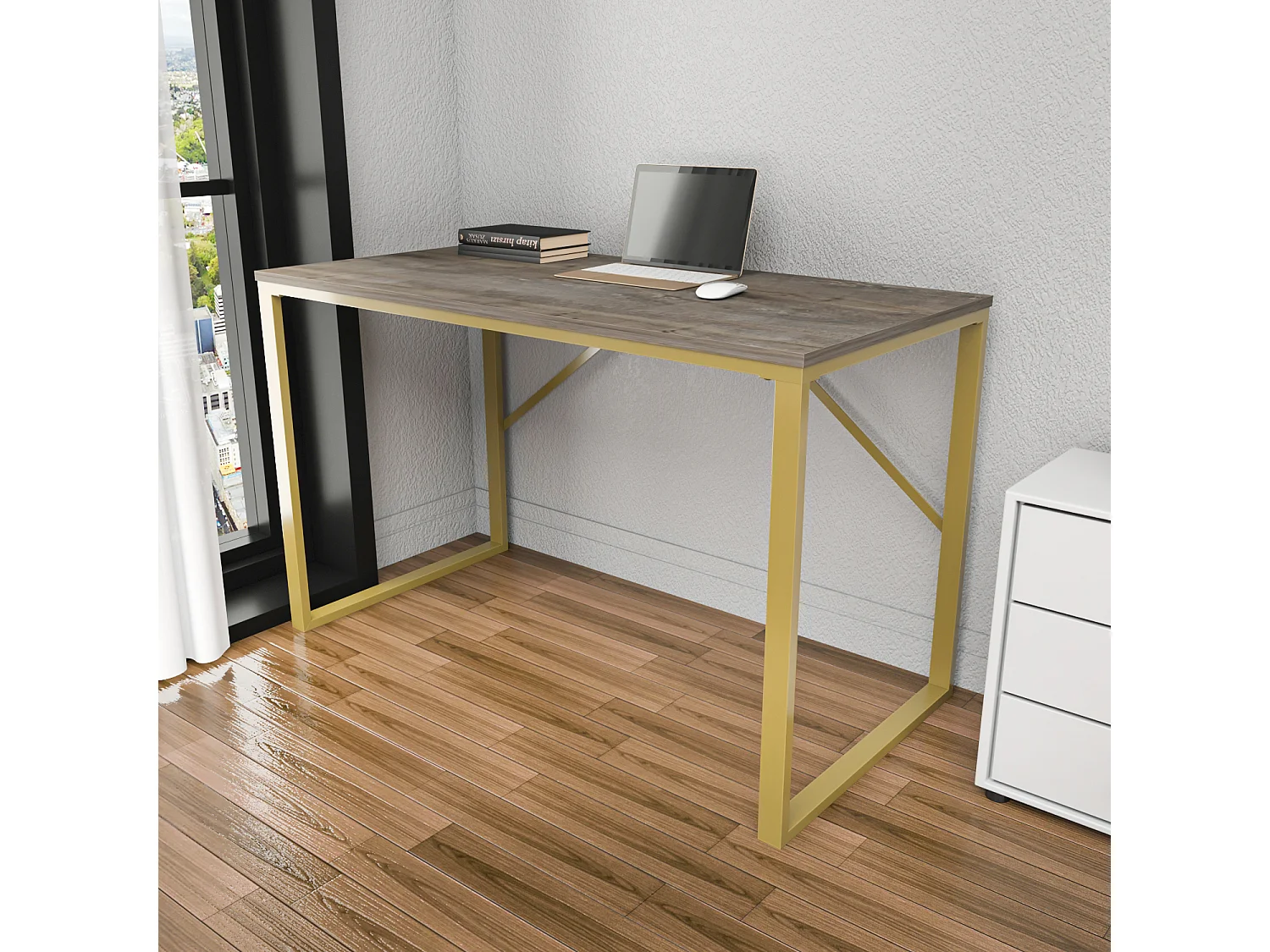 Layton Bureau 120 cm x 74 cm x 60 cm - Cadre Métallique (Doré et Wenge)