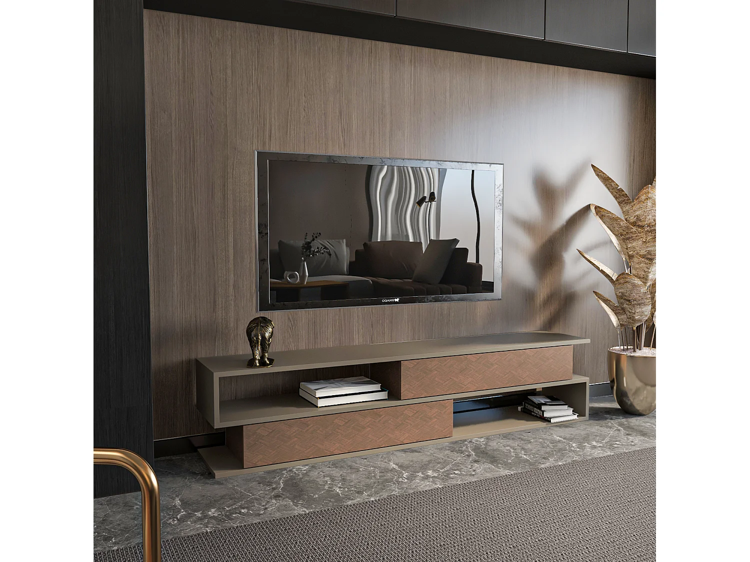 Meuble tv Cortez de 160 cm avec 2 armoires et 2 niches (Effet Galaxy et Vintage)