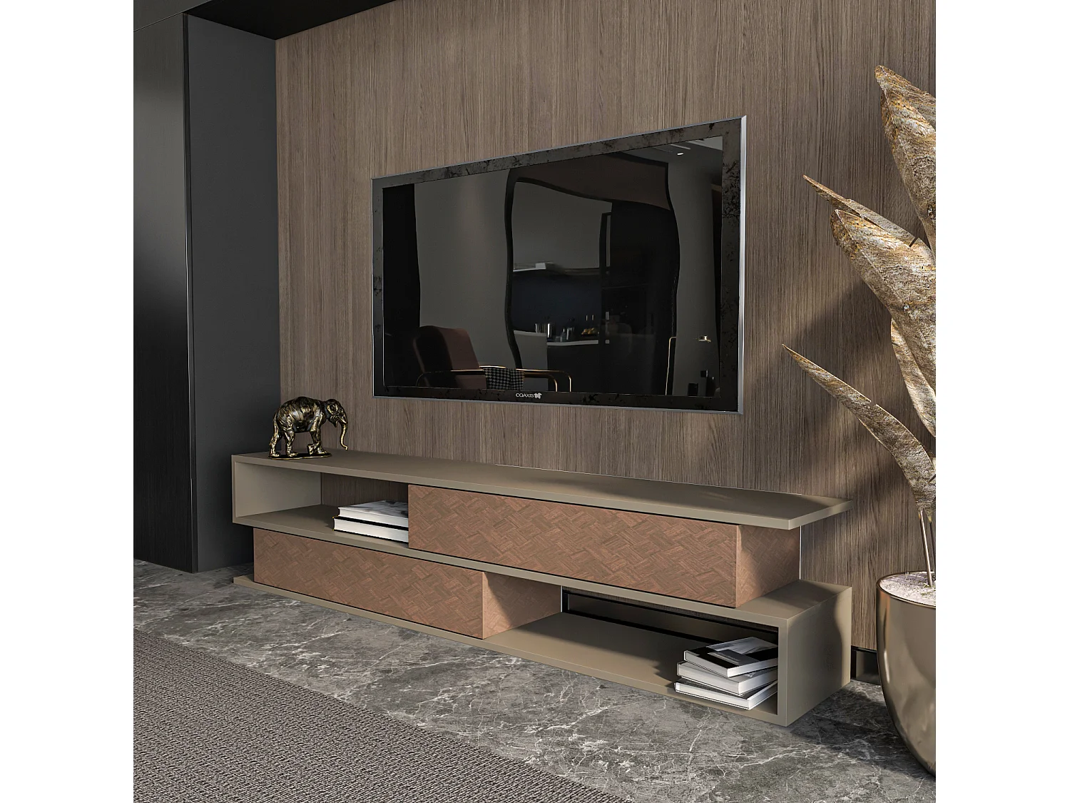 Meuble tv Cortez de 160 cm avec 2 armoires et 2 niches (Effet Galaxy et Vintage)