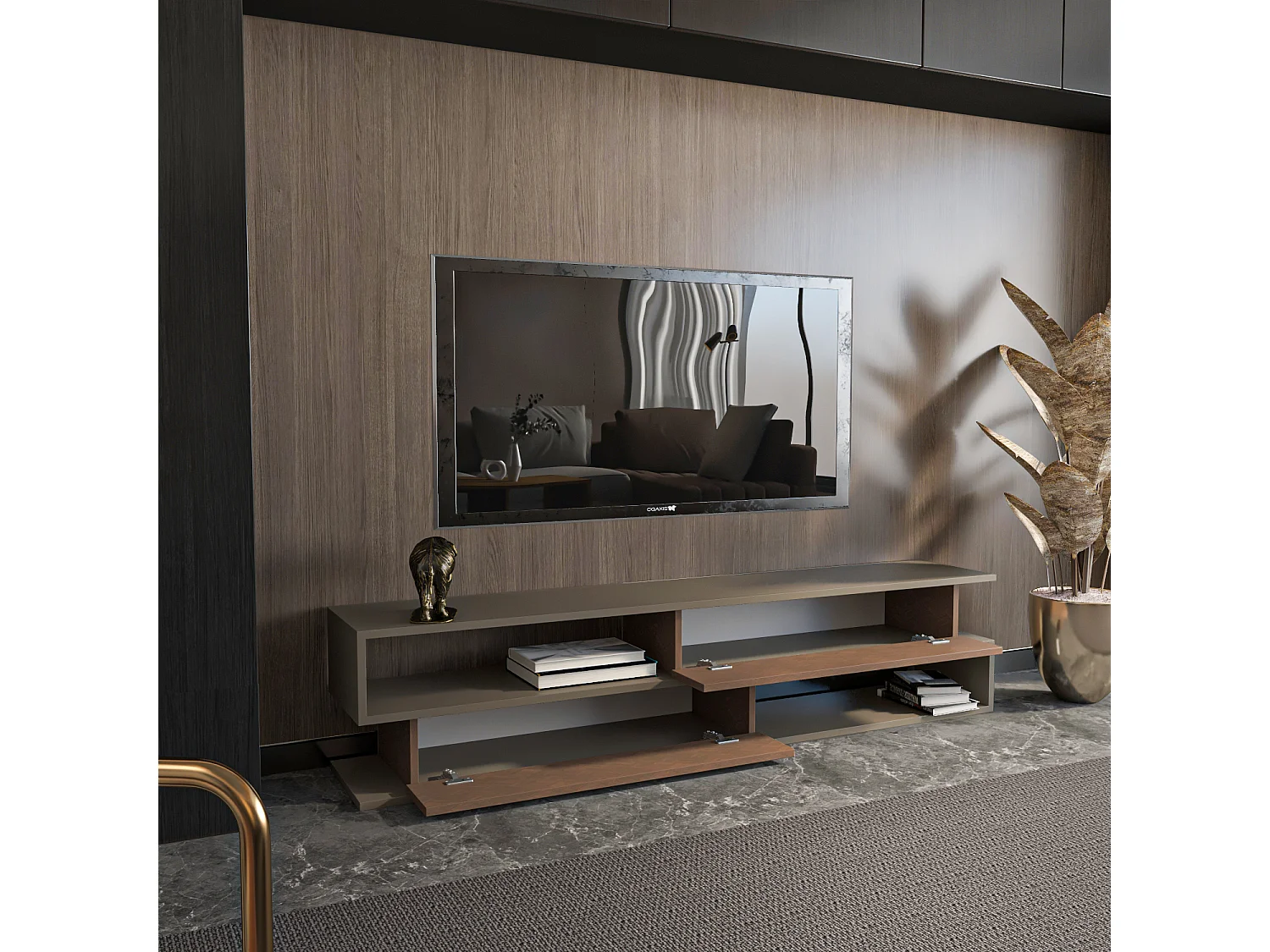 Meuble tv Cortez de 160 cm avec 2 armoires et 2 niches (Effet Galaxy et Vintage)