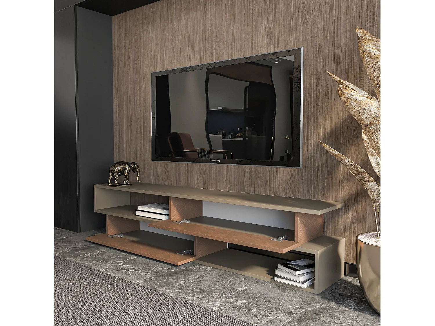 Meuble tv Cortez de 160 cm avec 2 armoires et 2 niches (Effet Galaxy et Vintage)