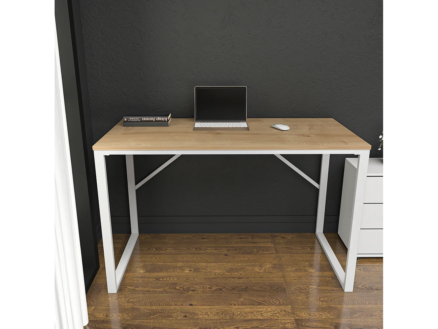 Layton Bureau 120 cm x 74 cm x 60 cm - Cadre Métallique (Blanc et Chêne)