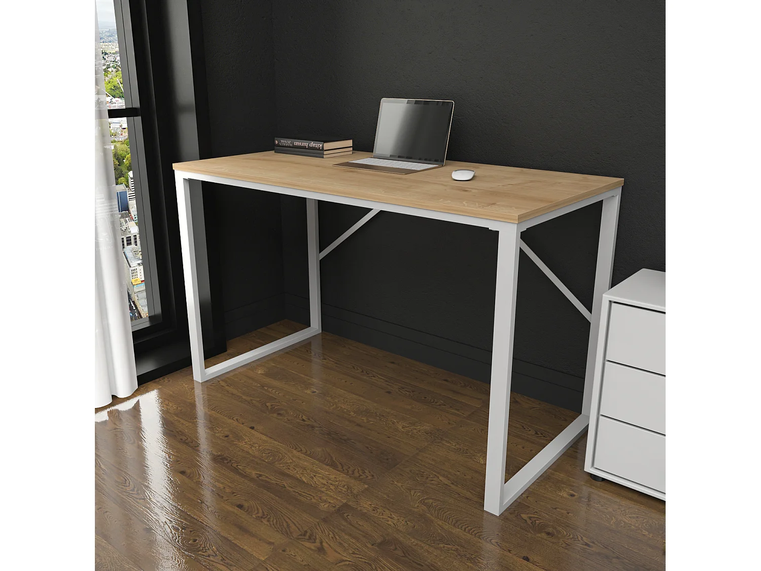 Layton Bureau 120 cm x 74 cm x 60 cm - Cadre Métallique (Blanc et Chêne)