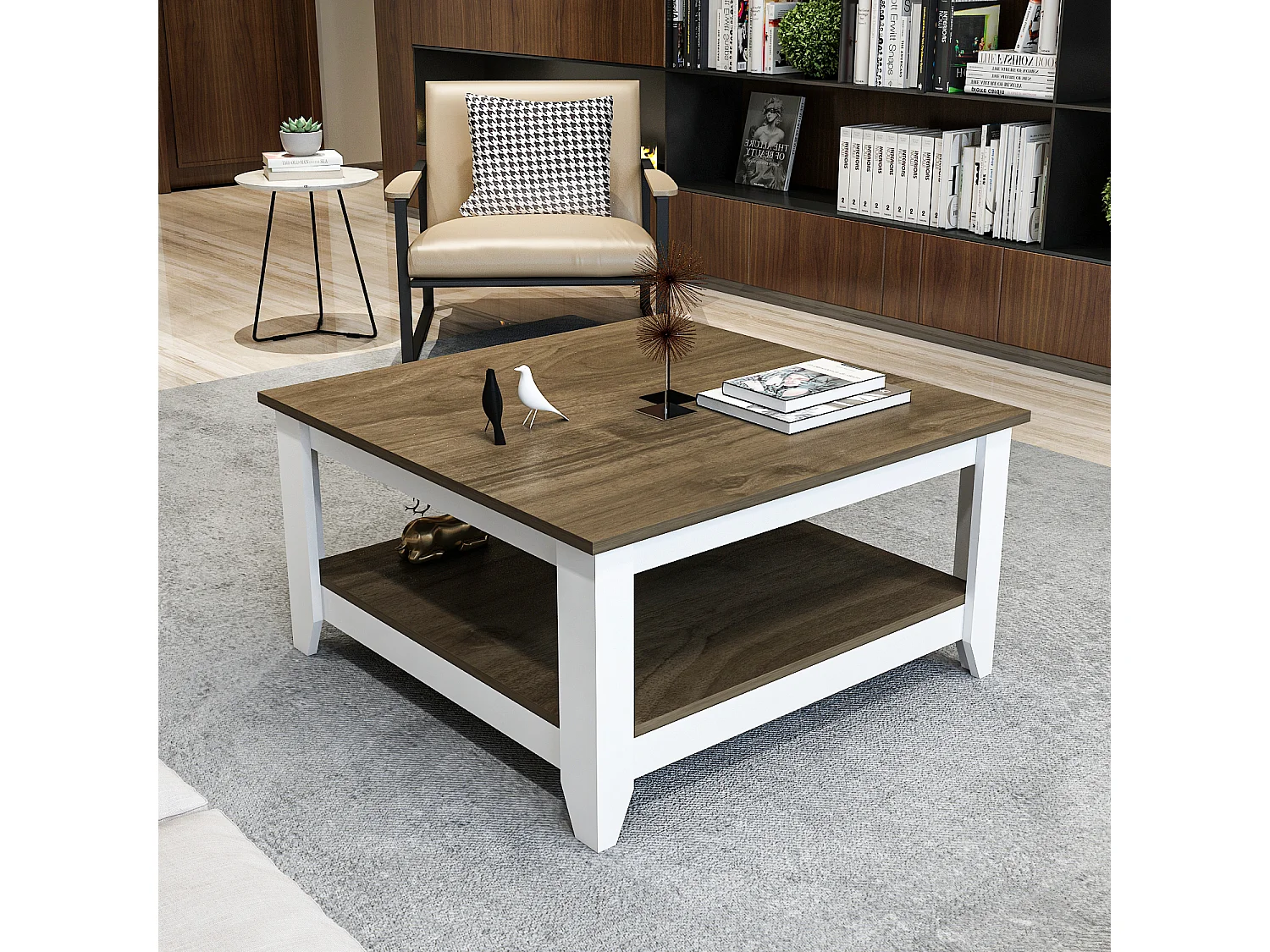 Lea 90 cm Table Basse Carré (Noyer et Blanc)