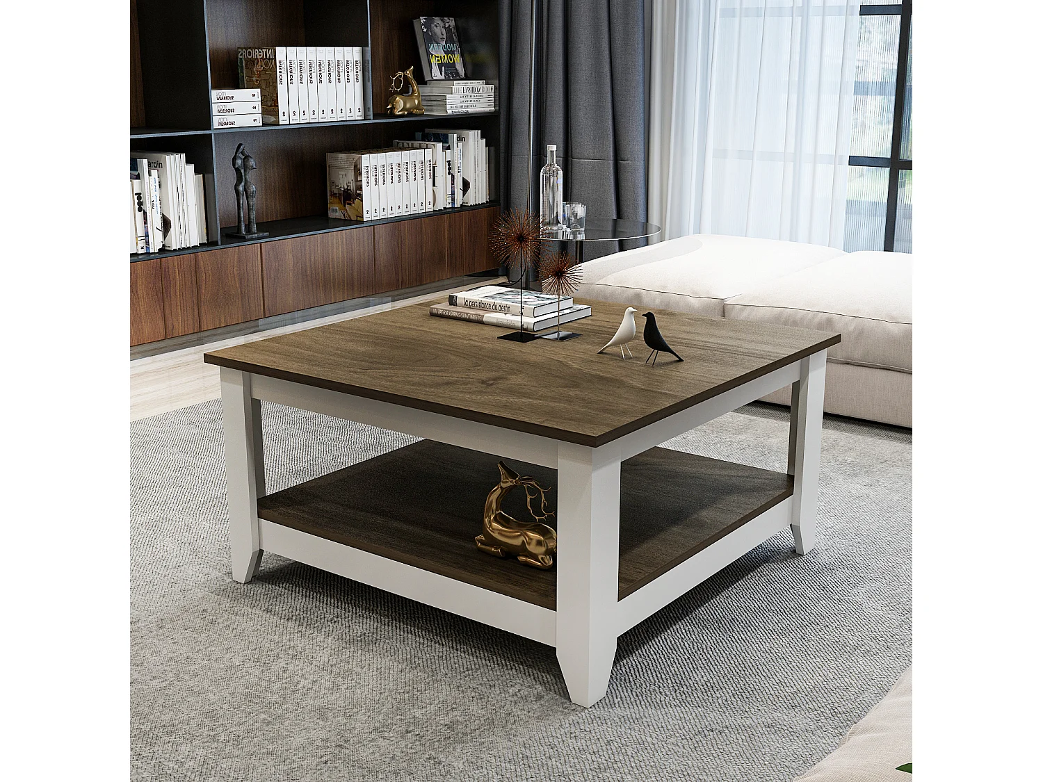 Lea 90 cm Table Basse Carré (Noyer et Blanc)