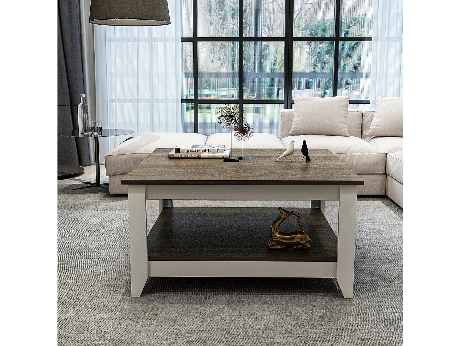 Lea 90 cm Table Basse Carré (Noyer et Blanc)