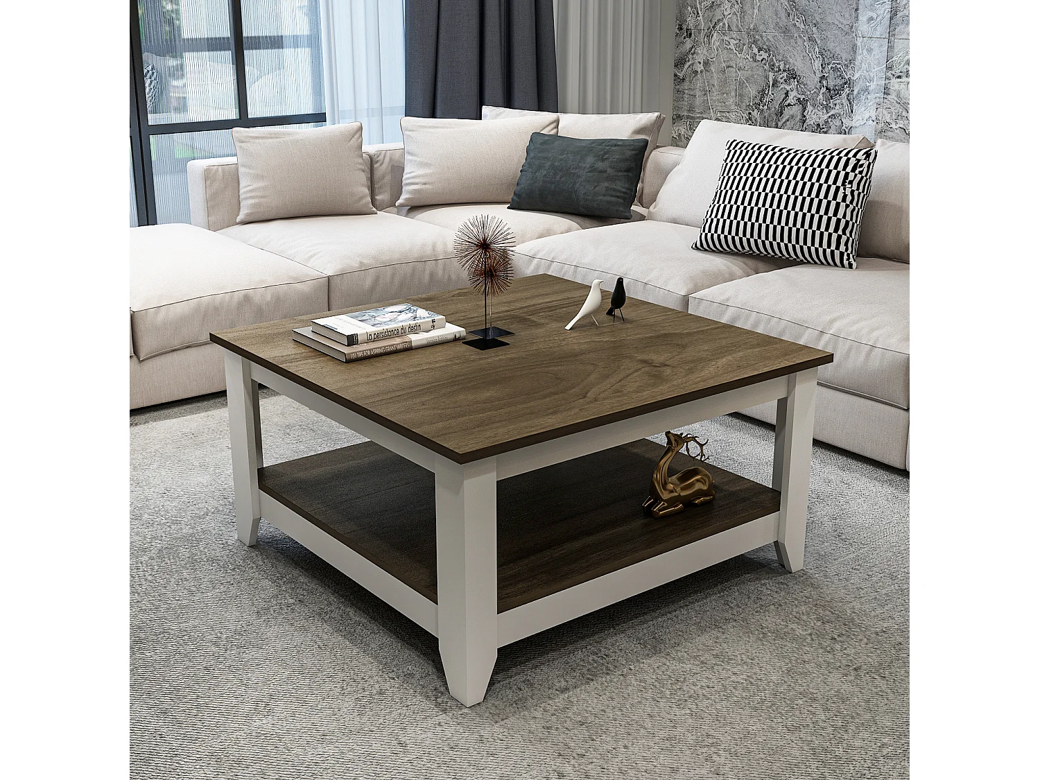Lea 90 cm Table Basse Carré (Noyer et Blanc)