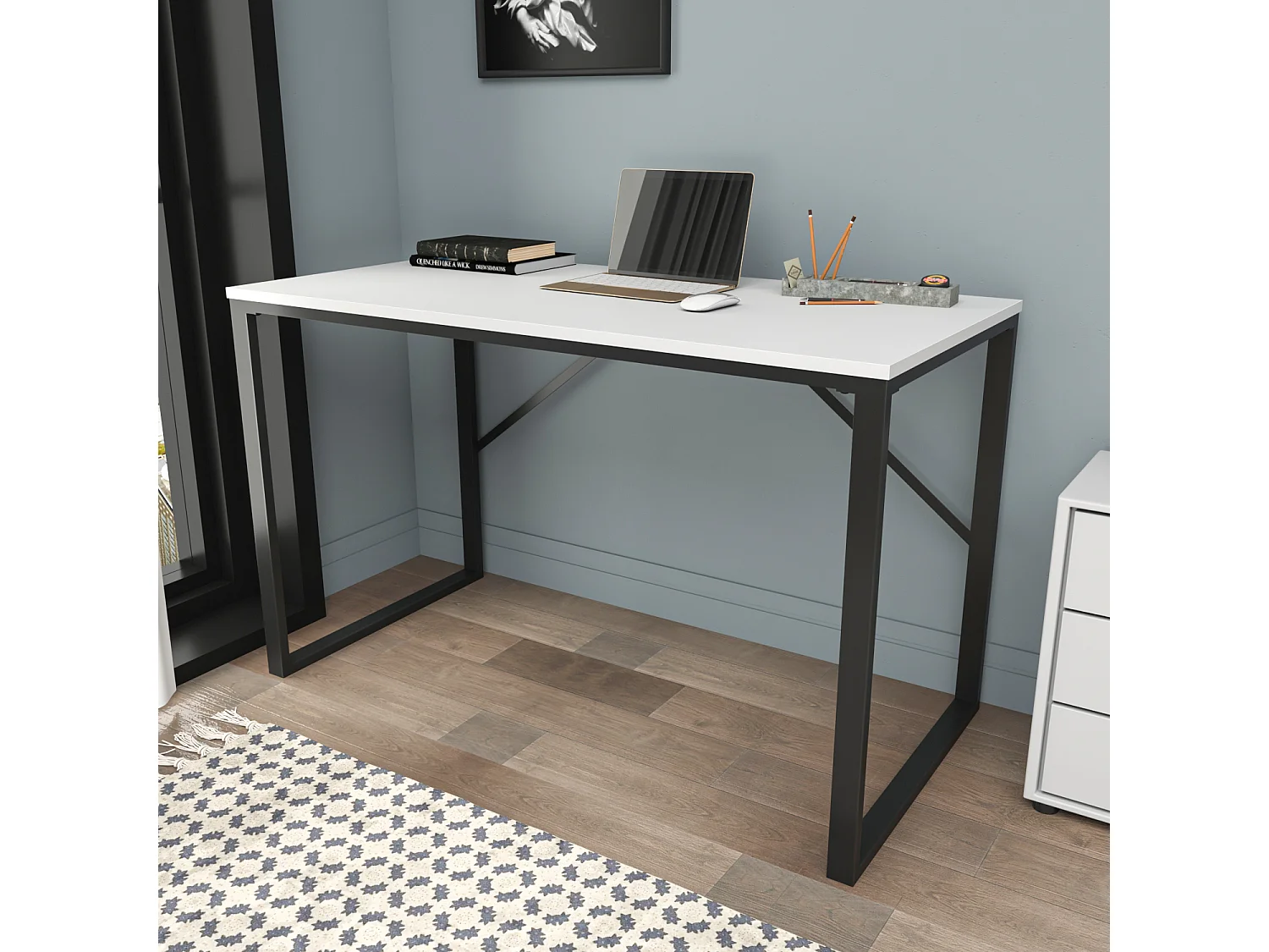 Layton Bureau 120 cm x 74 cm x 60 cm - Cadre Métallique (Noir et Blanc)