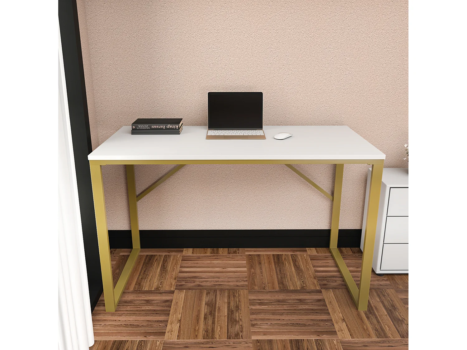 Layton Bureau 120 cm x 74 cm x 60 cm - Cadre Métallique (Doré et Blanc)