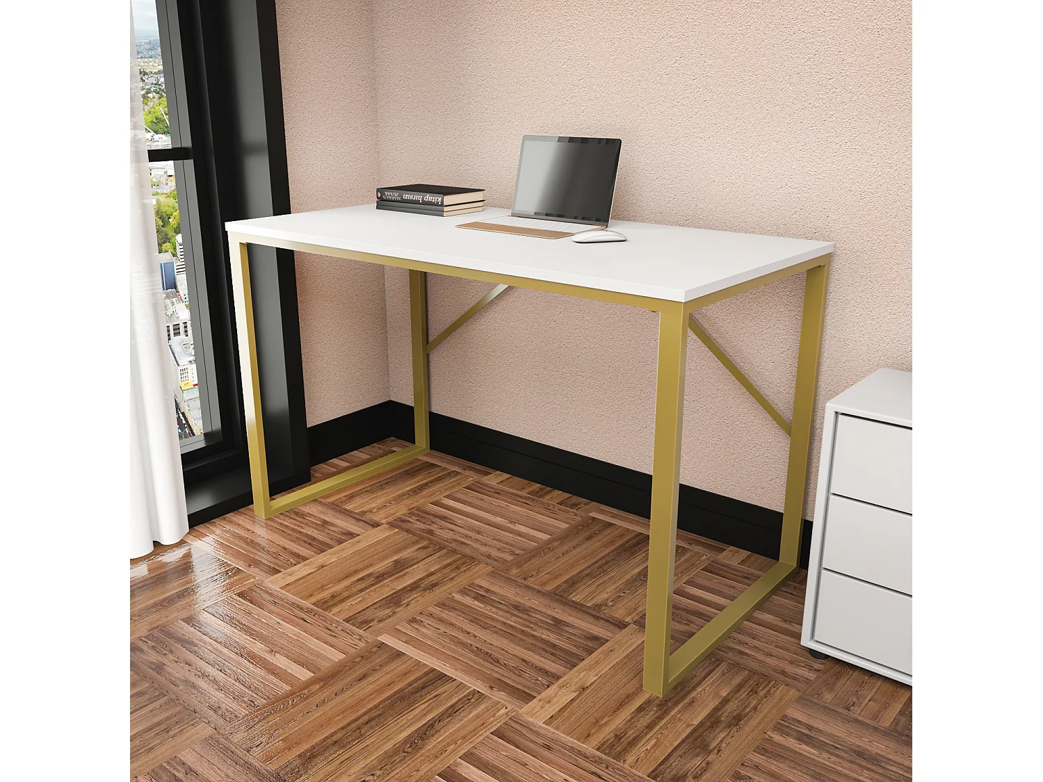 Layton Bureau 120 cm x 74 cm x 60 cm - Cadre Métallique (Doré et Blanc)