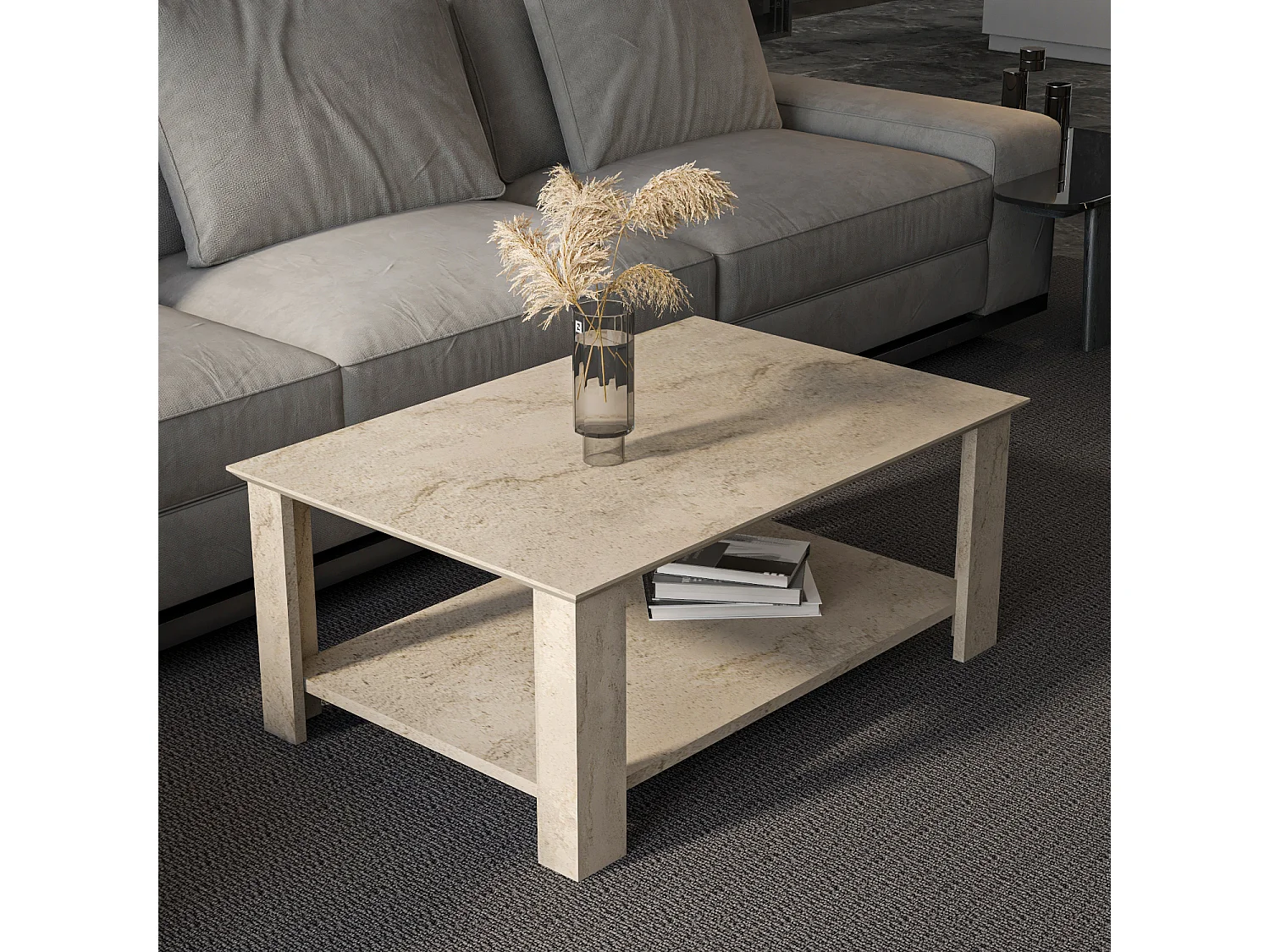 Leroy Table Basse 90 cm x 60 cm Rectangulaire (Travertine)