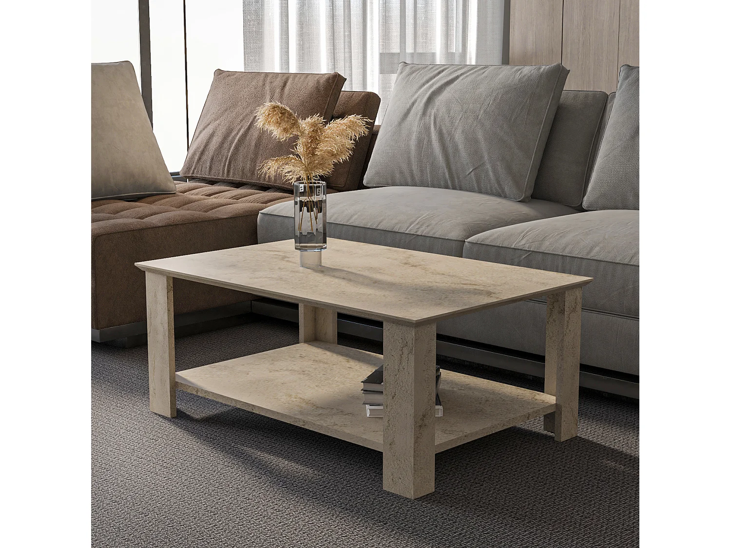 Leroy Table Basse 90 cm x 60 cm Rectangulaire (Travertine)