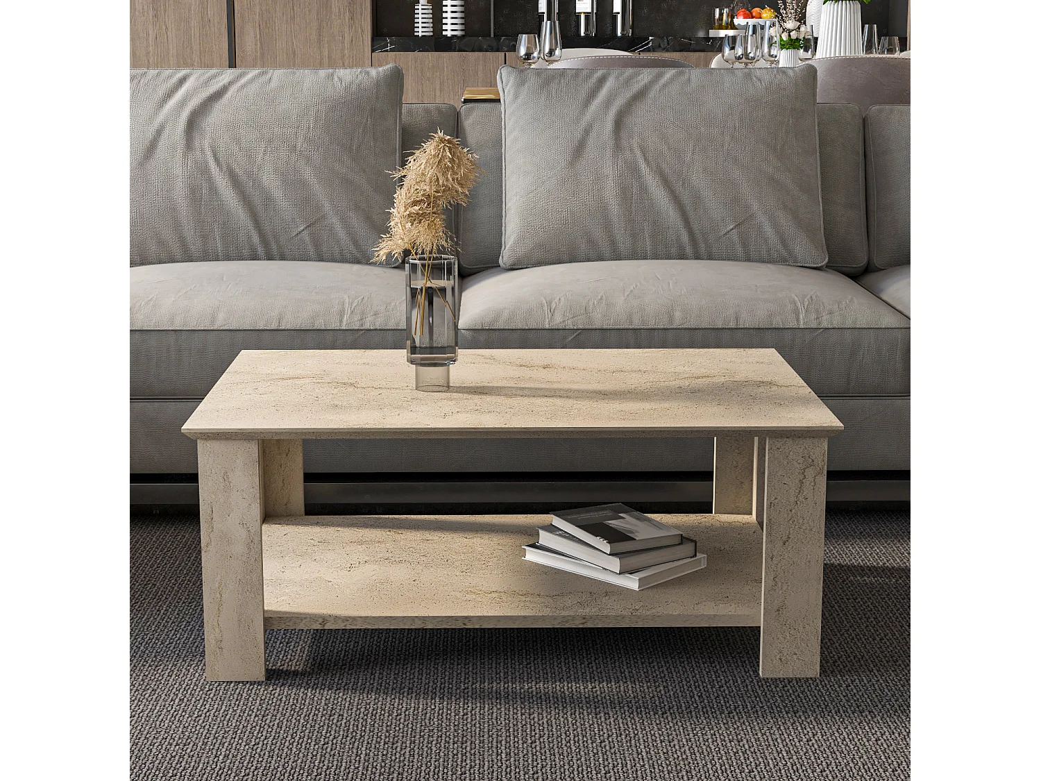 Leroy Table Basse 90 cm x 60 cm Rectangulaire (Travertine)