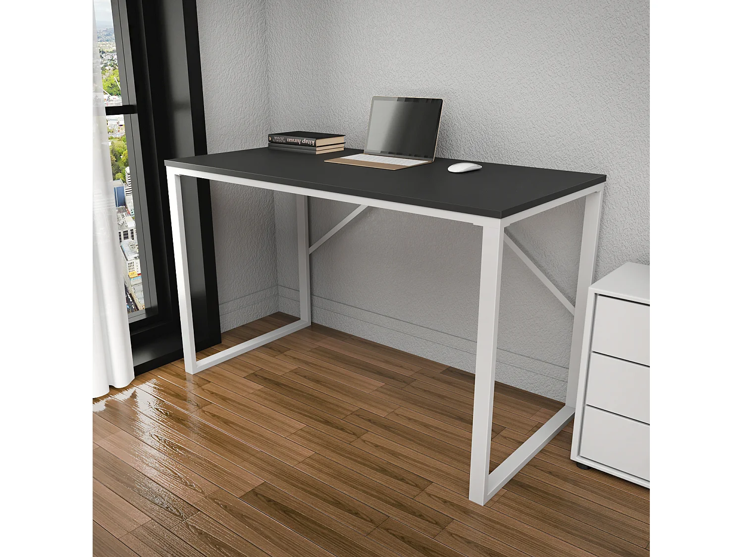 Layton Bureau 120 cm x 74 cm x 60 cm - Cadre Métallique (Blanc et Anthracite)