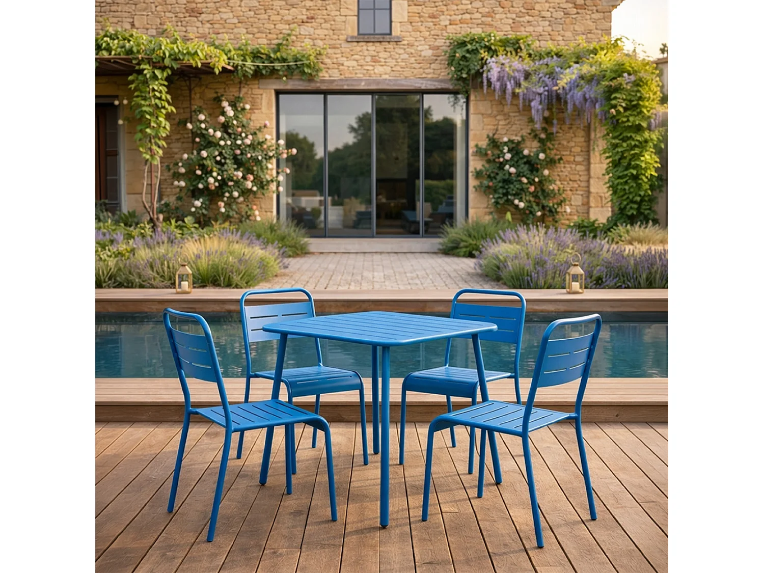 Ensemble table de jardin carrée et 4 chaises bleu BERGAME
