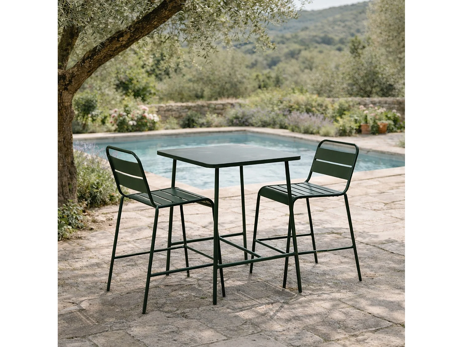 Ensemble table de bar et 2 chaises hautes d'extérieur vert BERGAME