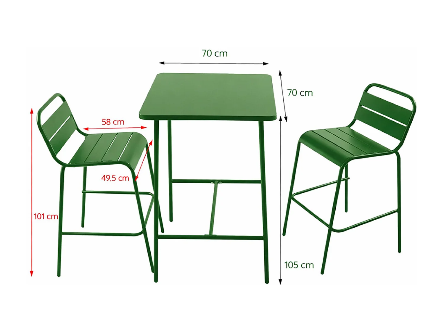 Ensemble table de bar et 2 chaises hautes d'extérieur vert BERGAME