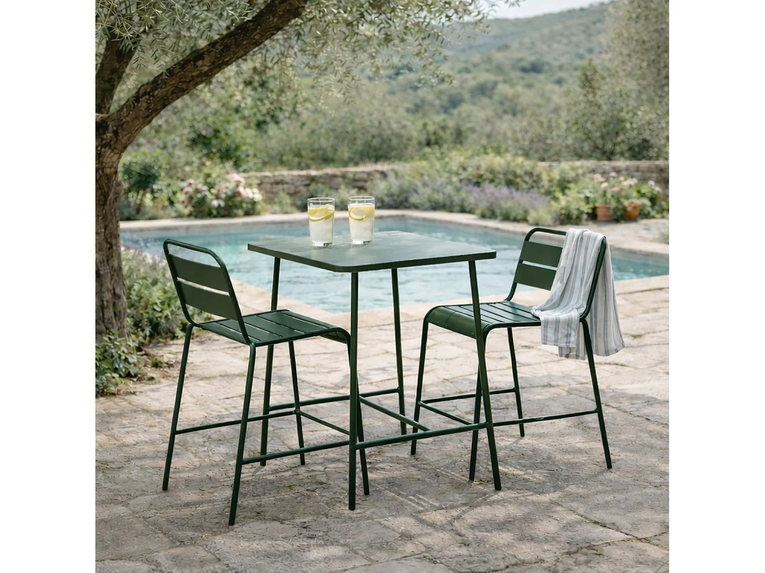 Ensemble table de bar et 2 chaises hautes d'extérieur vert BERGAME