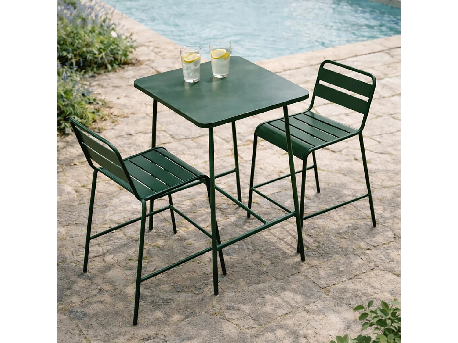 Ensemble table de bar et 2 chaises hautes d'extérieur vert BERGAME