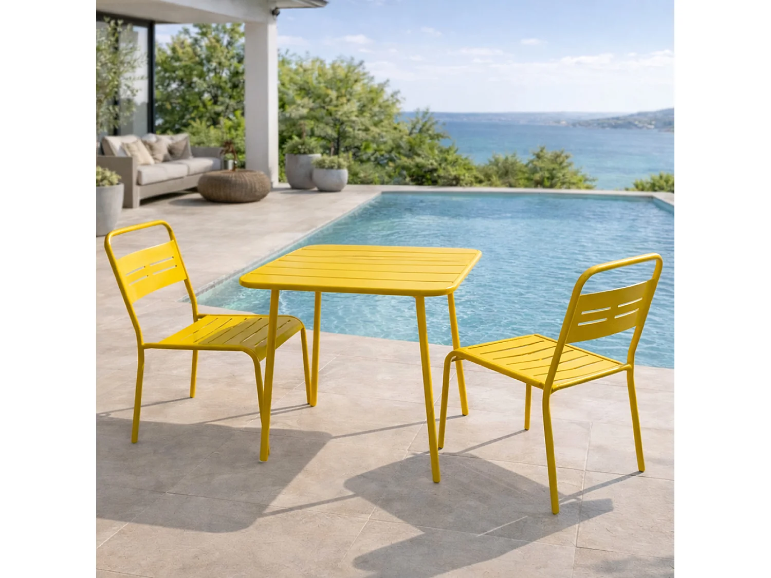 Ensemble table de jardin carrée et 2 chaises jaune BERGAME