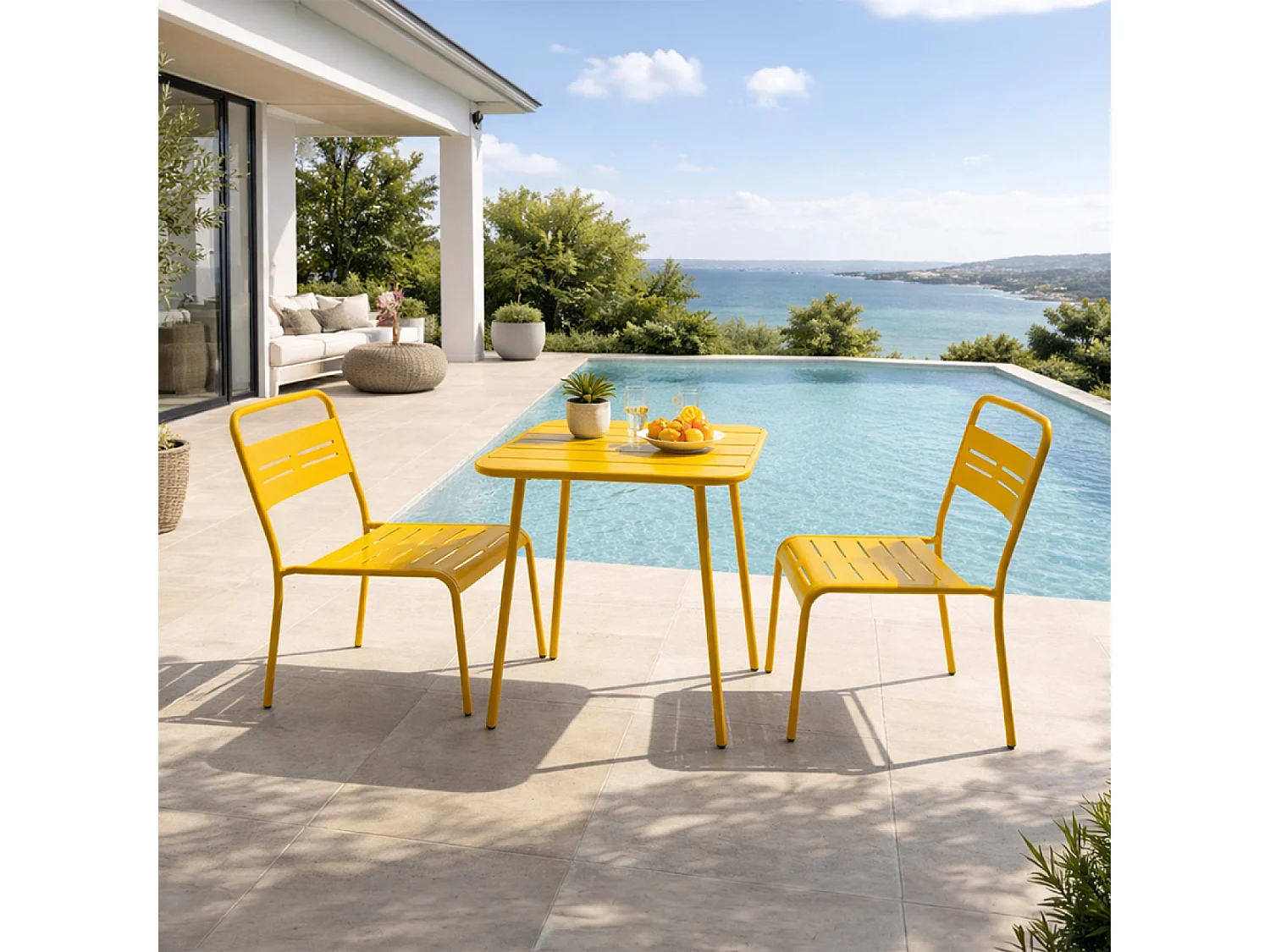 Ensemble table de jardin carrée et 2 chaises jaune BERGAME