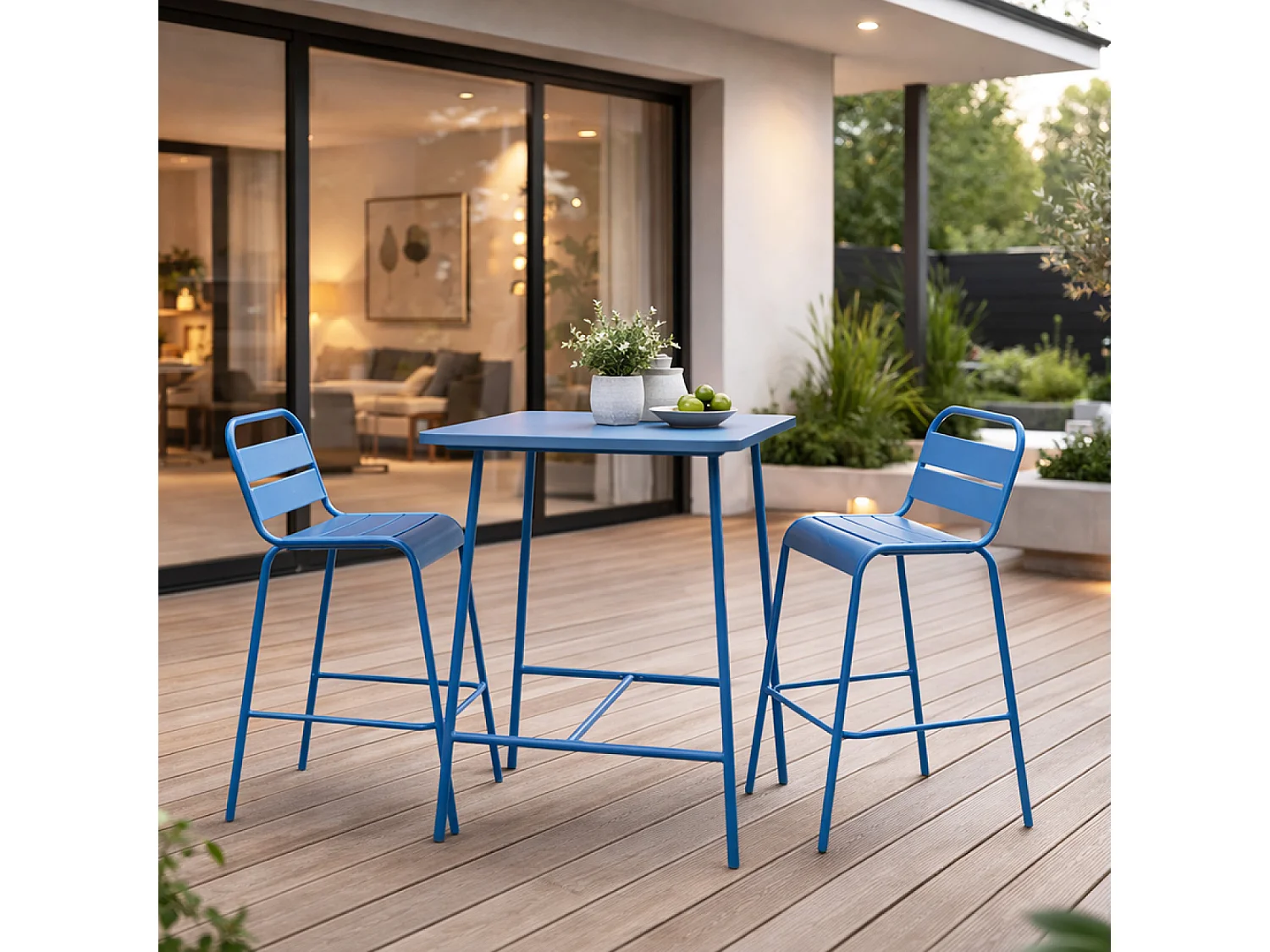 Ensemble table de bar et 2 chaises hautes d'extérieur bleu BERGAME