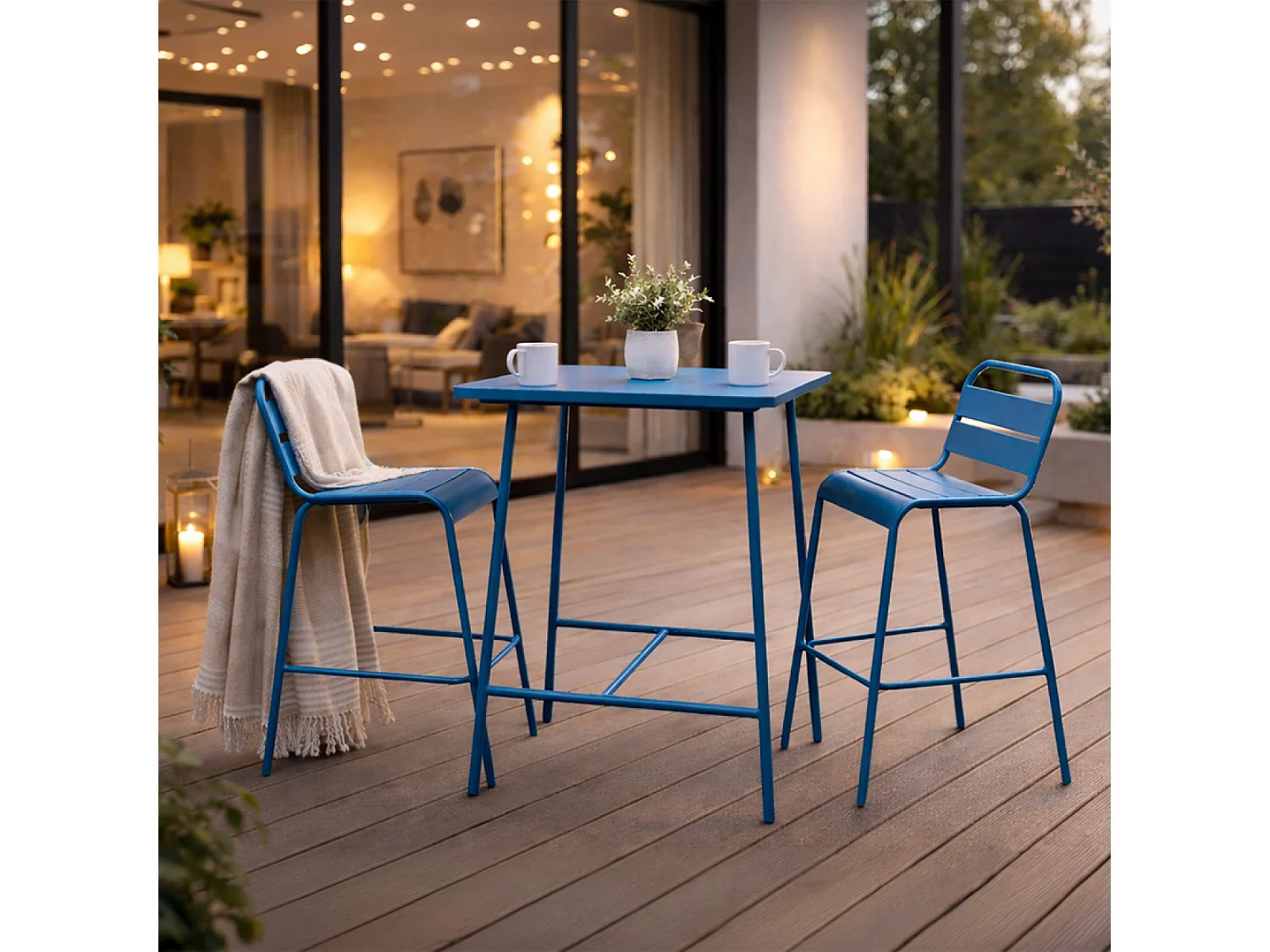 Ensemble table de bar et 2 chaises hautes d'extérieur bleu BERGAME