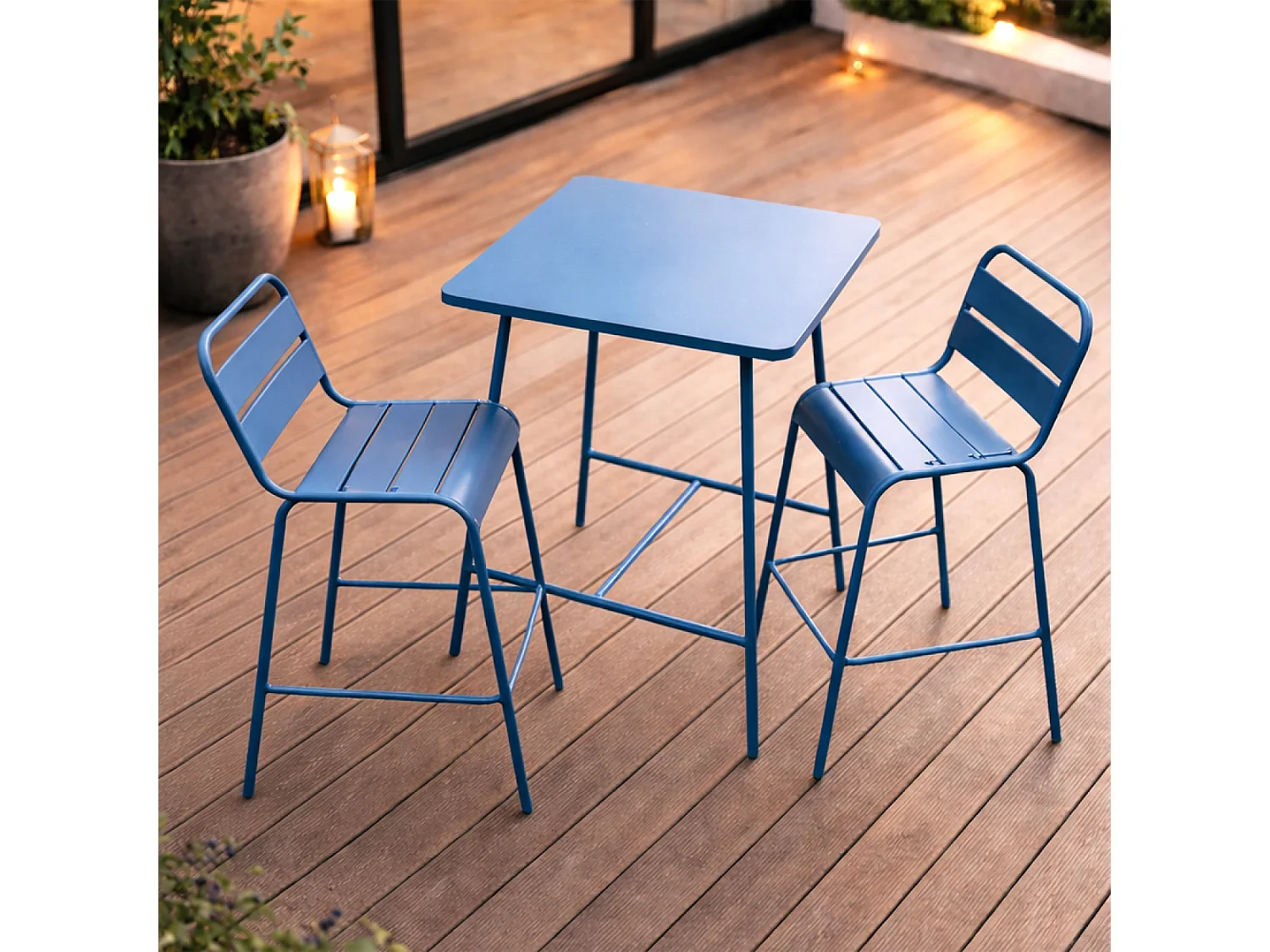 Ensemble table de bar et 2 chaises hautes d'extérieur bleu BERGAME