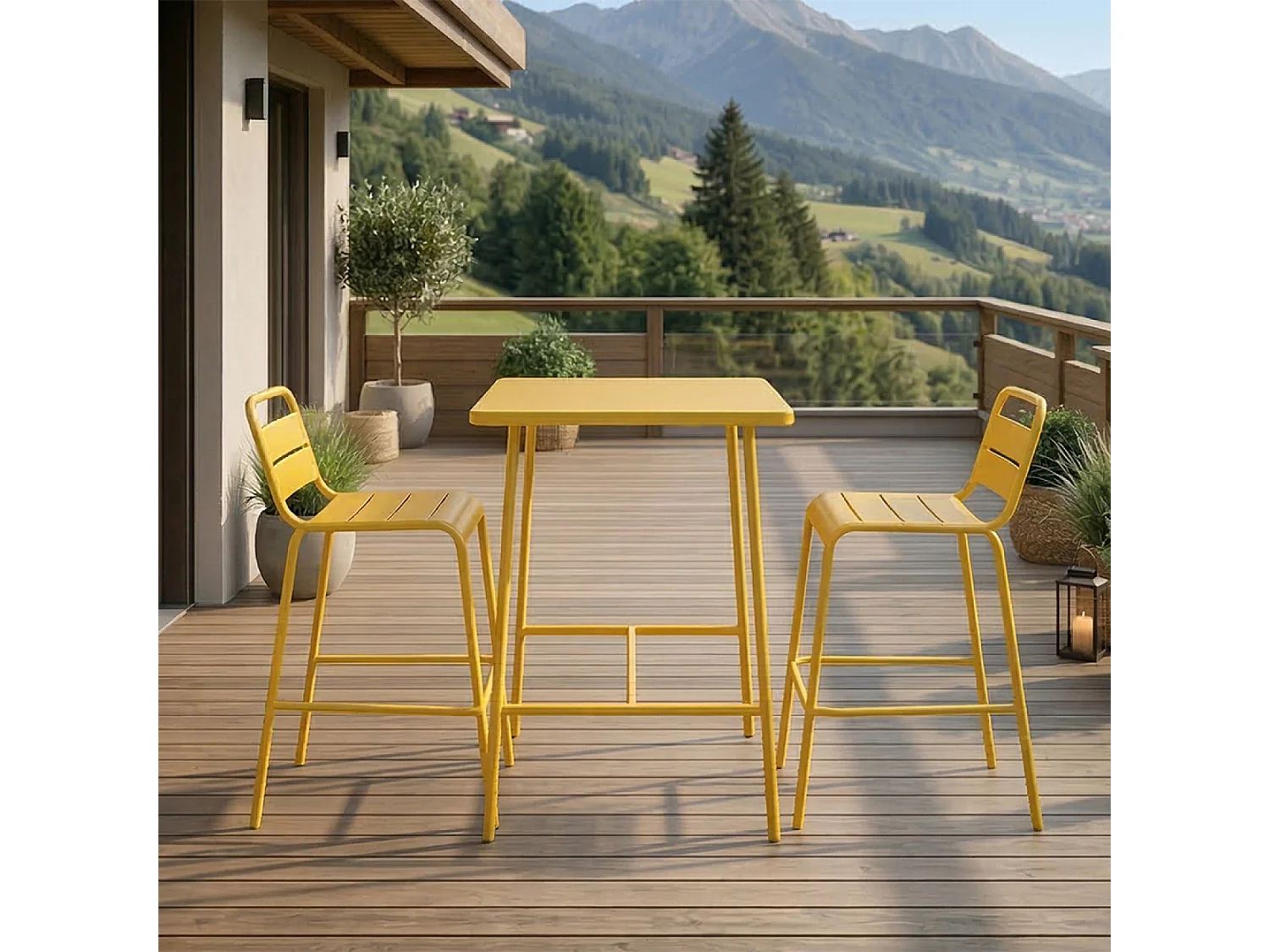 Ensemble table de bar et 2 chaises hautes d'extérieur jaune BERGAME