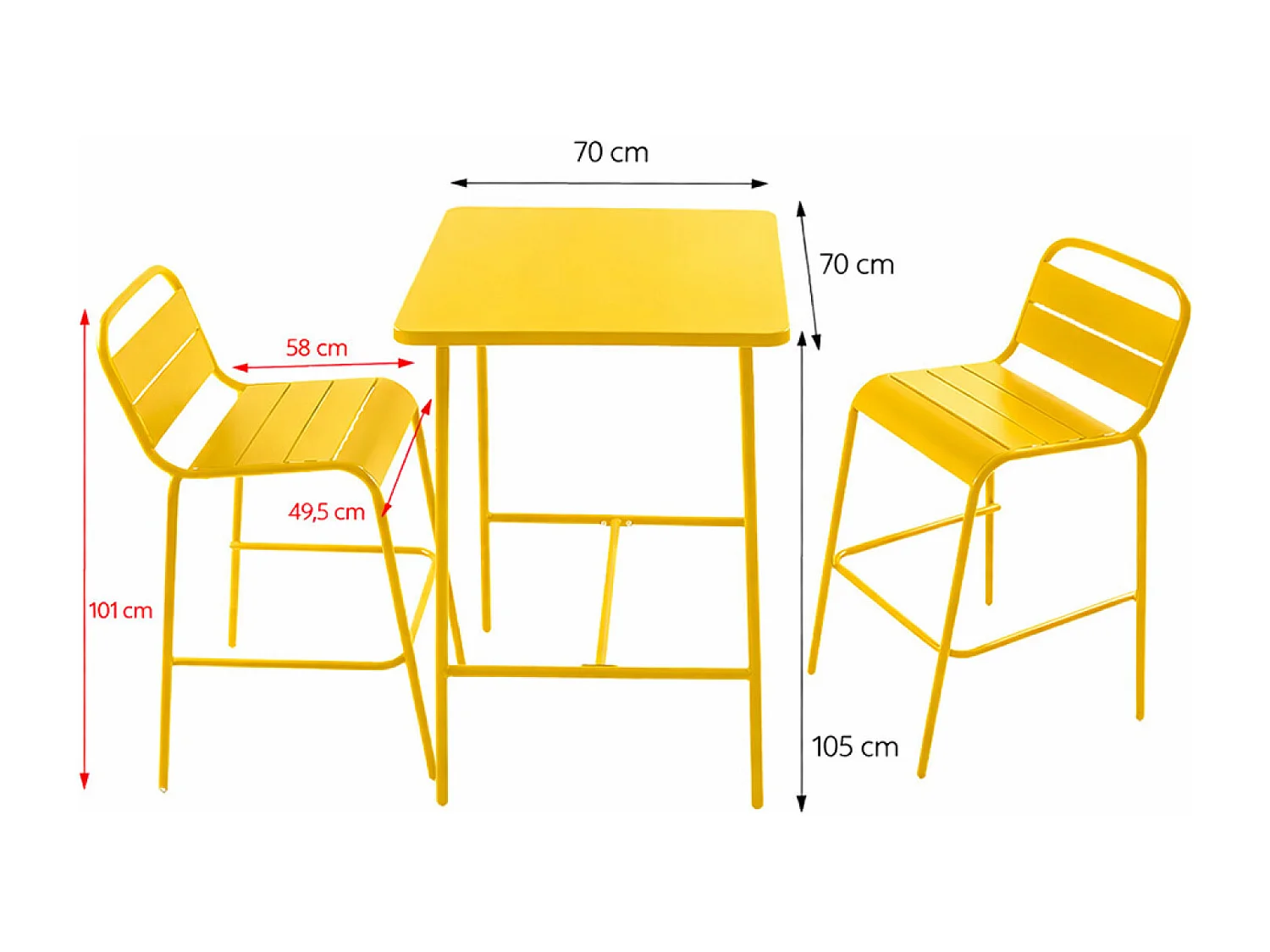 Ensemble table de bar et 2 chaises hautes d'extérieur jaune BERGAME