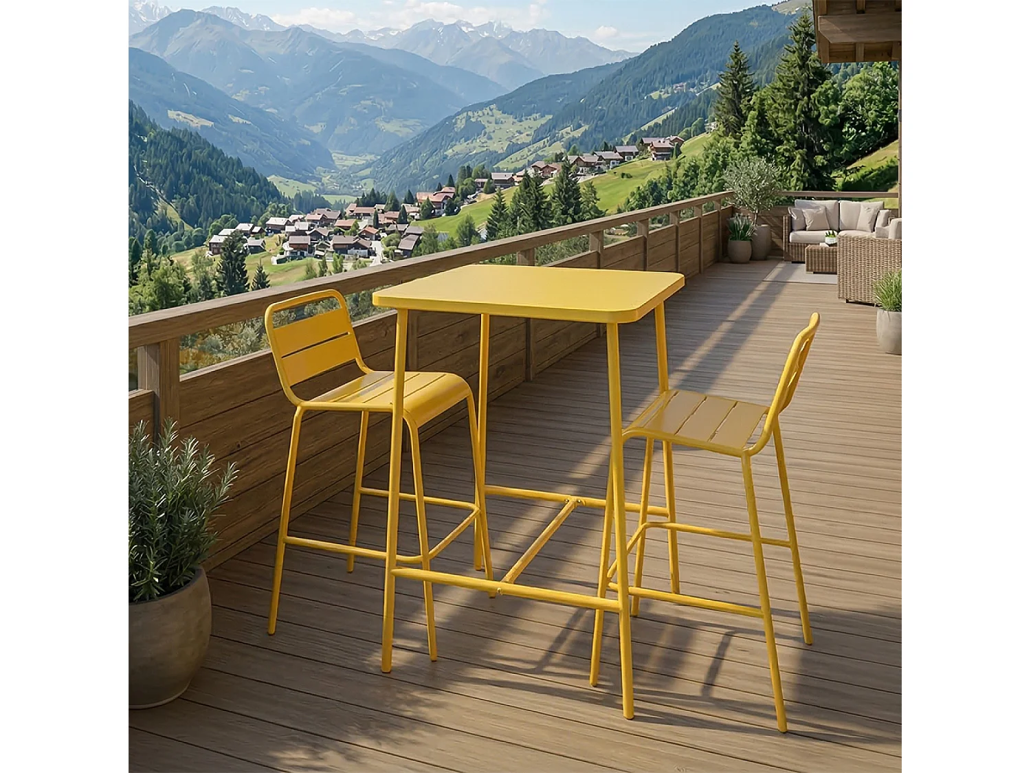 Ensemble table de bar et 2 chaises hautes d'extérieur jaune BERGAME