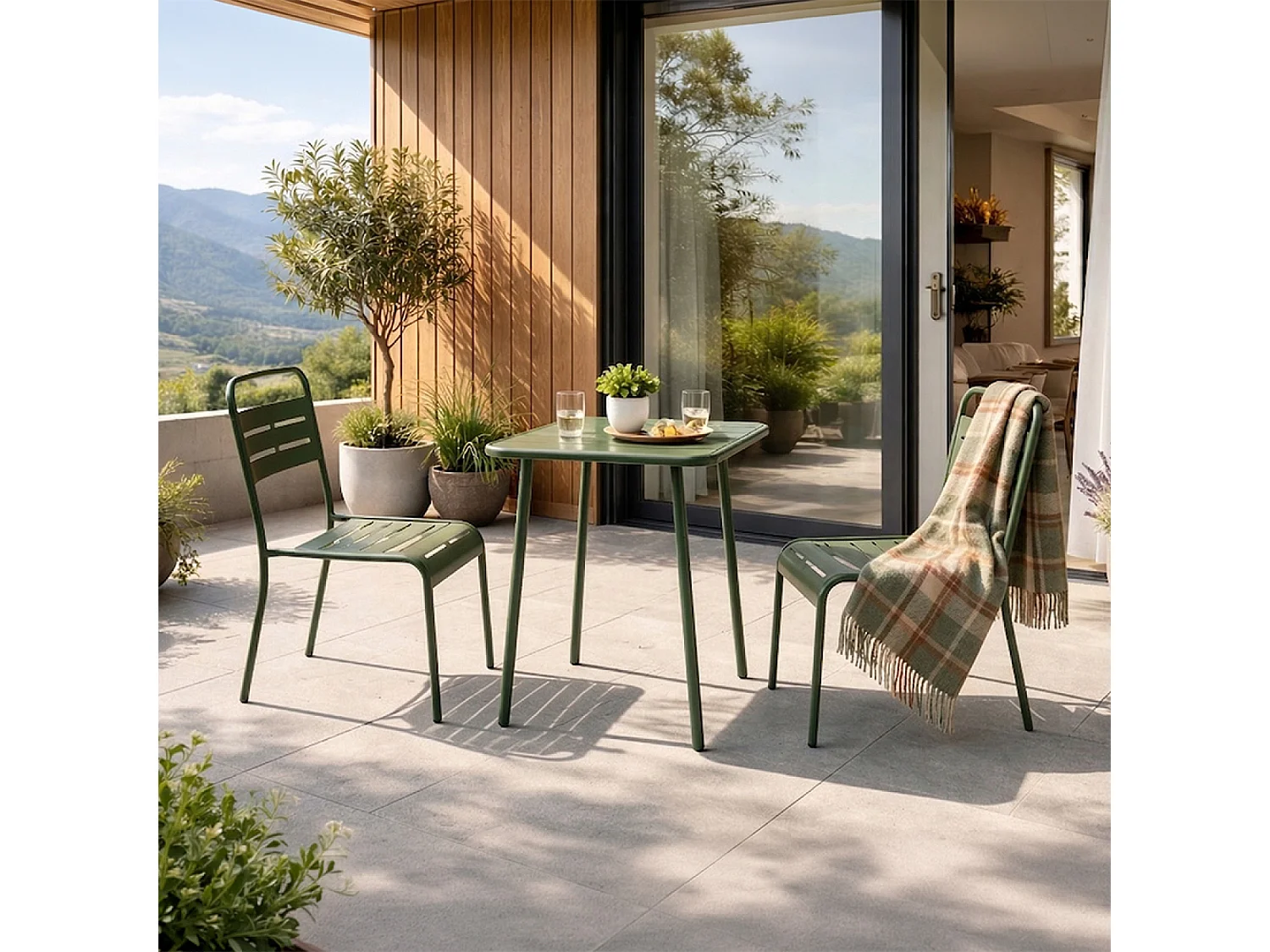 Ensemble table de jardin carrée 50cm et 2 chaises vert BERGAME