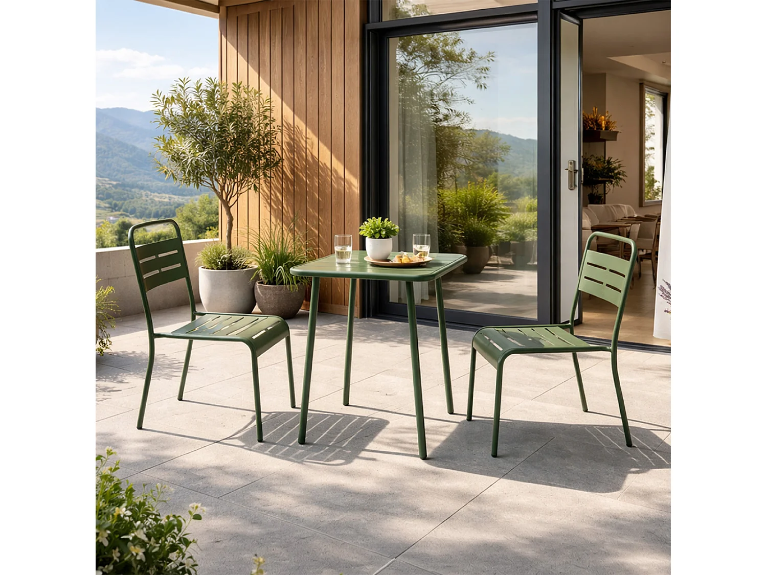 Ensemble table de jardin carrée 50cm et 2 chaises vert BERGAME